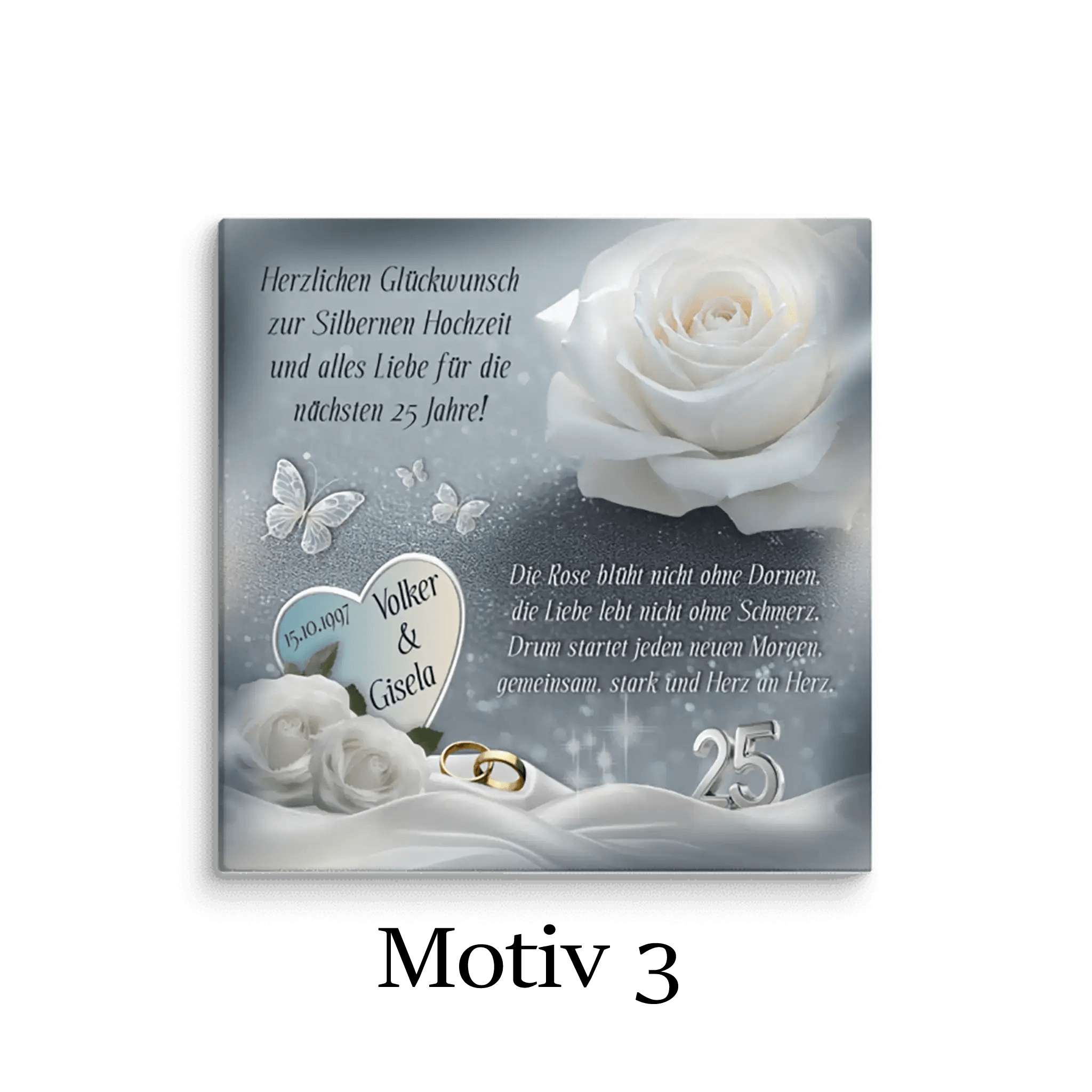 Leinwand Silberhochzeit mit weißen Rosen, Schmetterlingen, Ringen und Jubiläumsspruch