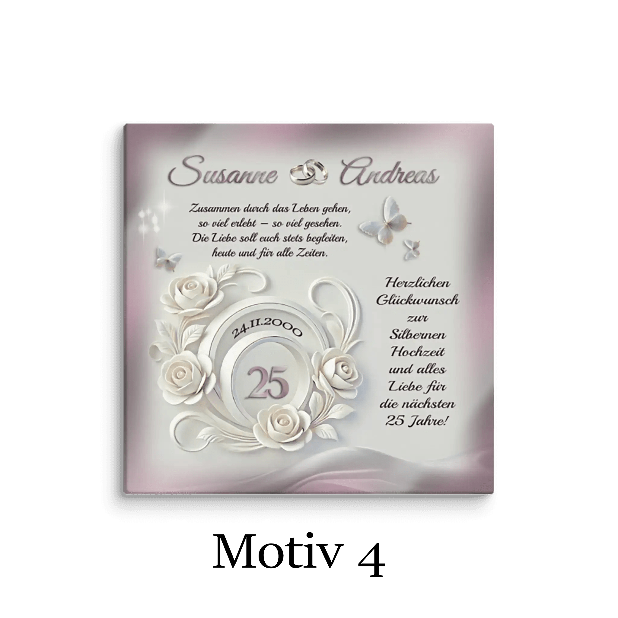 Leinwand Silberhochzeit Motiv mit weißen Rosen, Schmetterlingen und Glückwunschtext, Motiv 4
