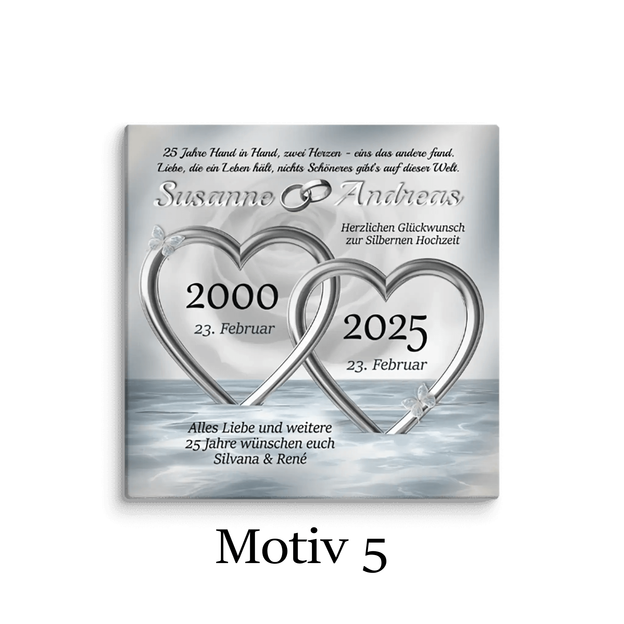 Leinwand Silberhochzeit Motiv 5 mit zwei silbernen Herzen, Namen, Daten und Glückwunschtext
