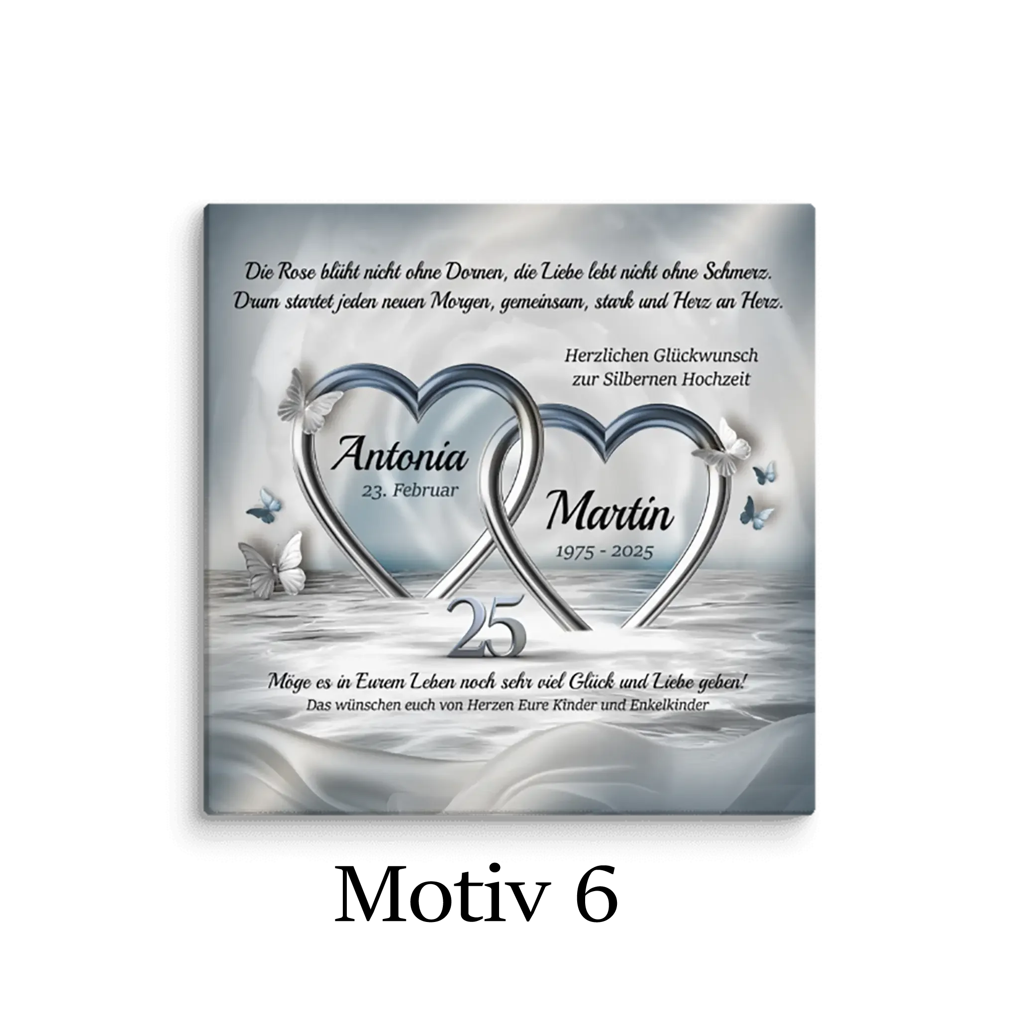 Leinwand zur Silberhochzeit mit zwei silbernen Herzen, Schmetterlingen und romantischem Text