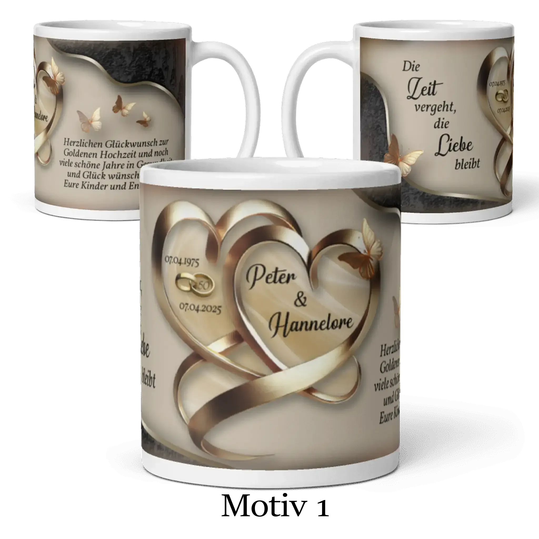 Motivtasse Goldhochzeit mit goldenen Herzen, Schmetterlingen und persönlicher Gravur