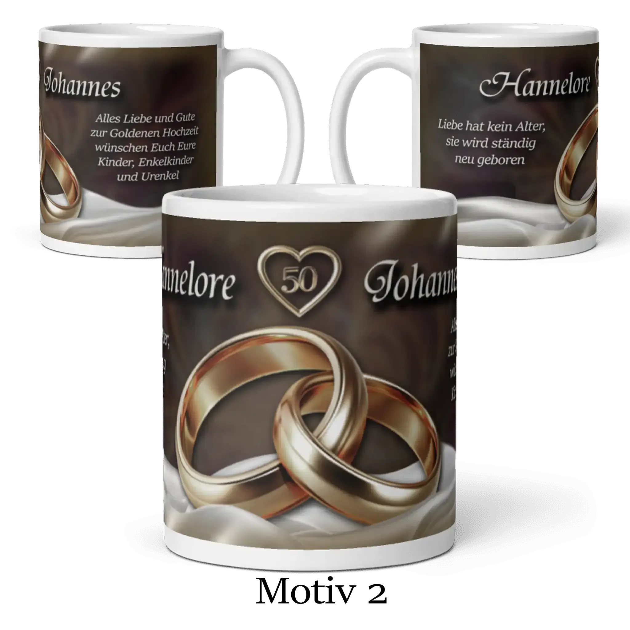 Motivtasse Goldhochzeit mit goldenen Ringen und Herz für 50 Jahre Ehe Jubiläumsgeschenk