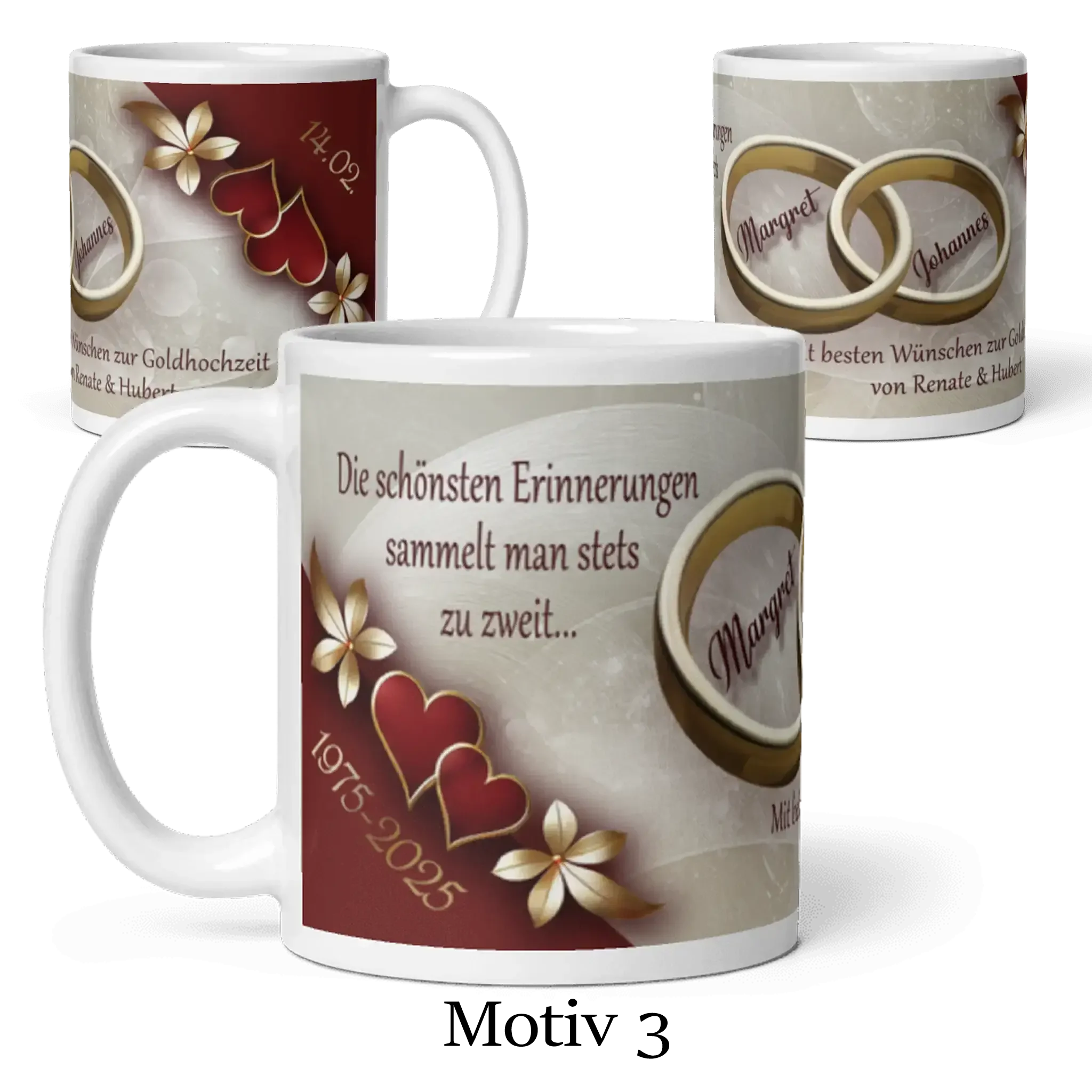 Motivtasse Goldhochzeit mit Ringen, Herzen, weißen Blumen und Aufschrift zur Erinnerung