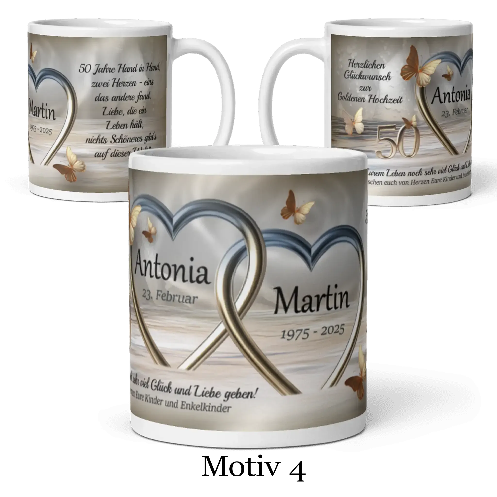Motivtasse Goldene Hochzeit mit Namen, Herzen, Schmetterlingen und Jubiläumsdatum, Motiv 4