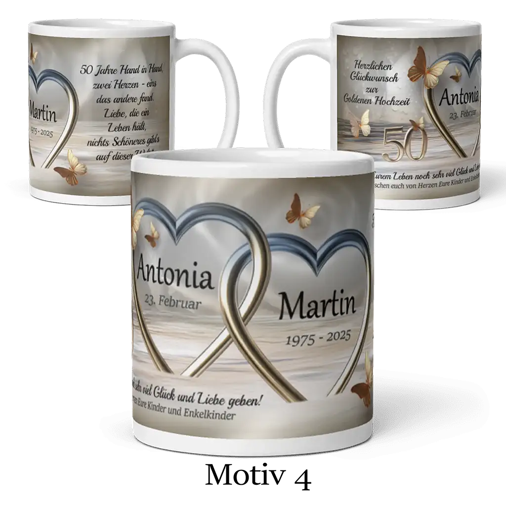 Motivtasse Goldene Hochzeit mit Namen, Herzen, Schmetterlingen und Jubiläumsdatum, Motiv 4