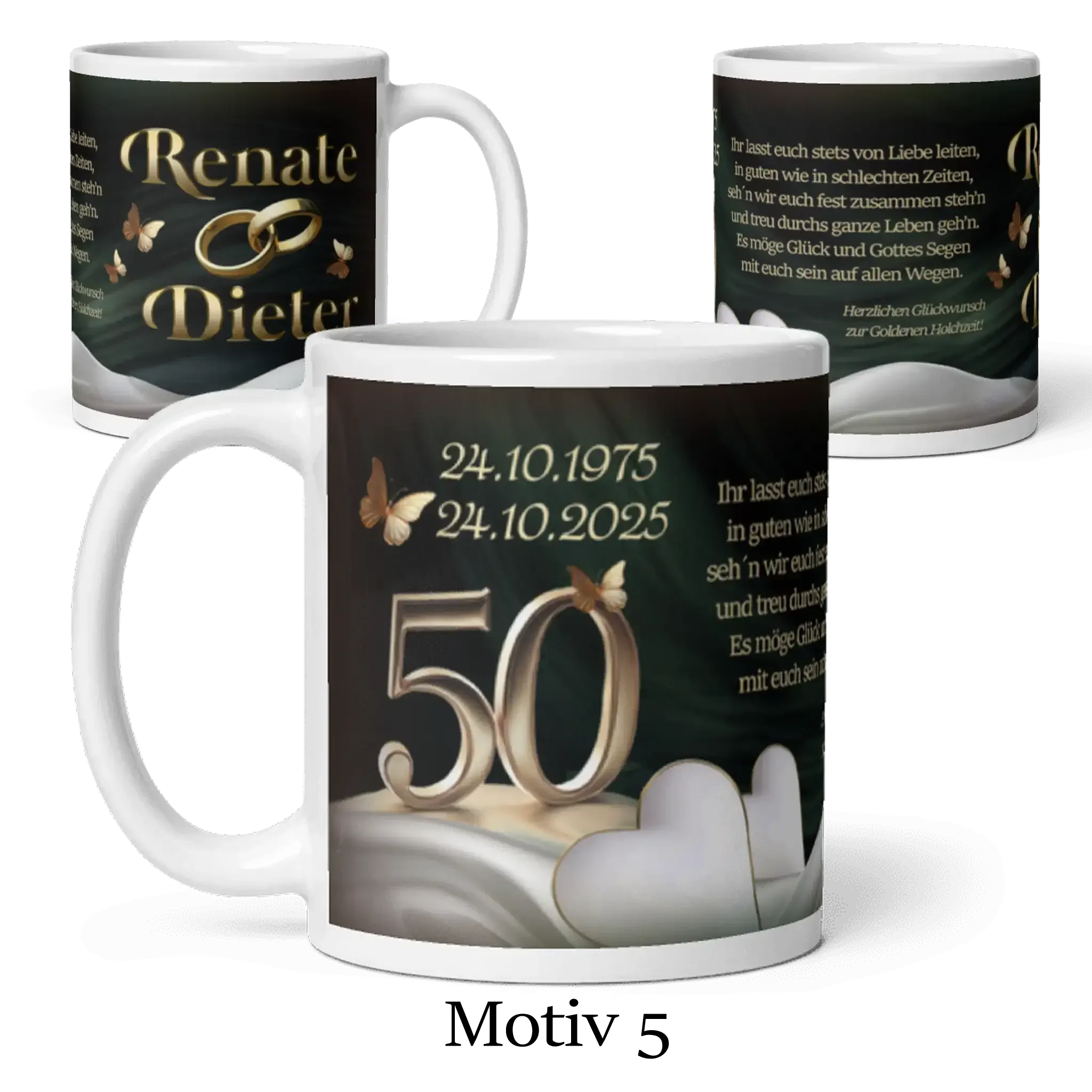 Motivtasse Goldhochzeit mit goldener 50, Schmetterlingen, Herzen und Namen Renate Dieter