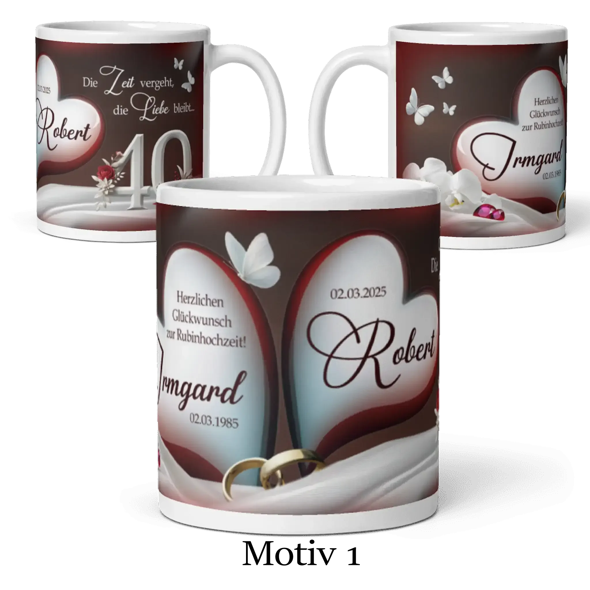 Personalisierte Rubinhochzeit Tasse mit Herzmotiv, Namen, Datum, Schmetterlingen und Ringen