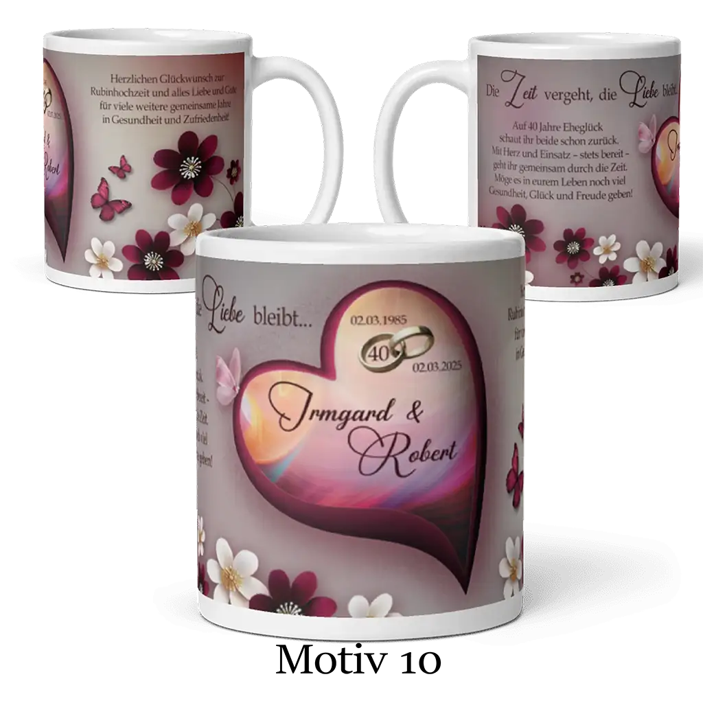 Motivtasse Rubinhochzeit, Herzdesign, Blumen und Schmetterlinge, 40 Jahre Ehe Jubiläum