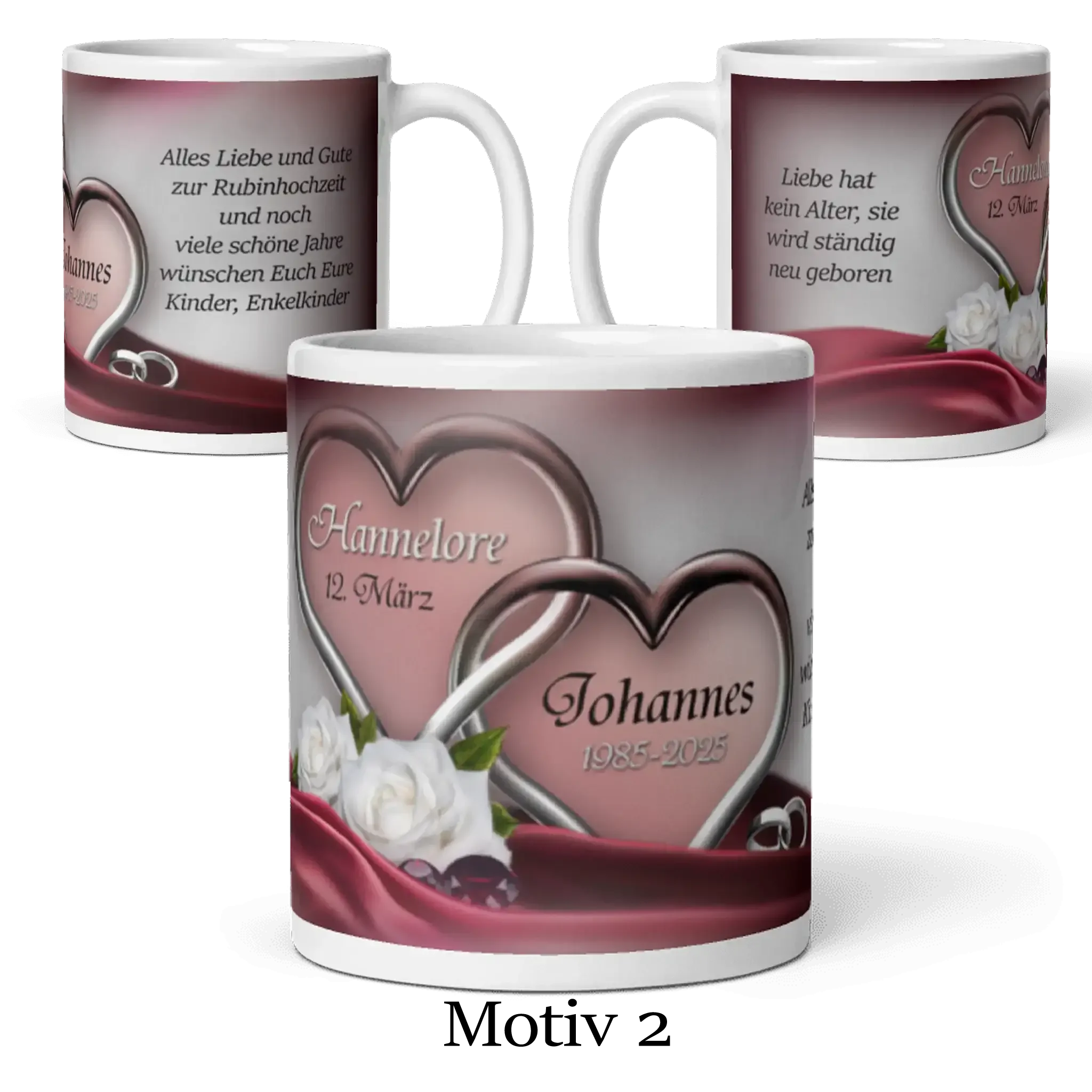 Personalisierte Motiv-Tasse zur Rubinhochzeit mit Rosen, Herzen und Namen, Geschenkidee