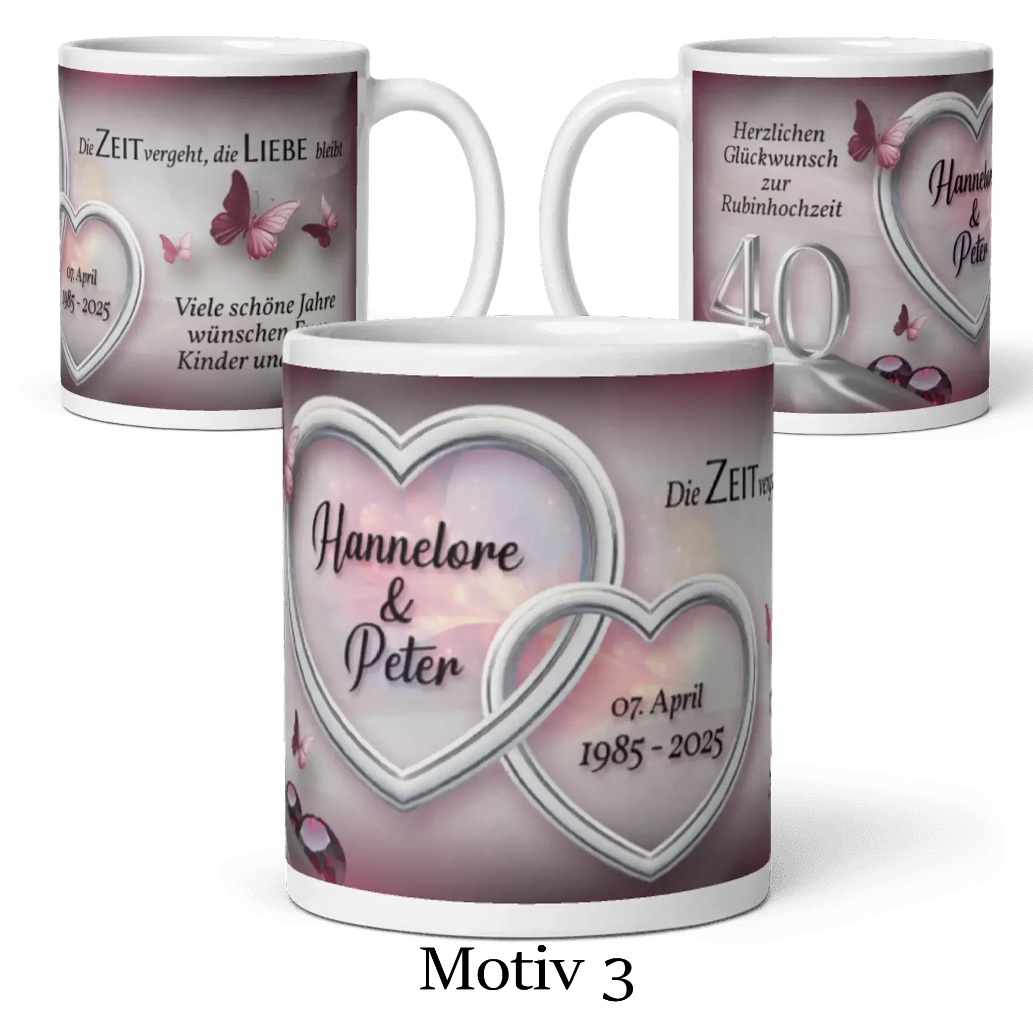 Personalisierte Tasse zur Rubinhochzeit mit Herzen, Schmetterlingen und Jubiläumsdaten