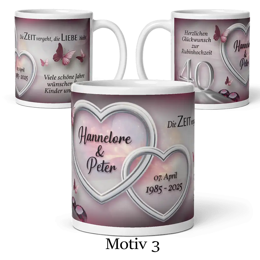 Personalisierte Tasse zur Rubinhochzeit mit Herzen, Schmetterlingen und Jubiläumsdaten