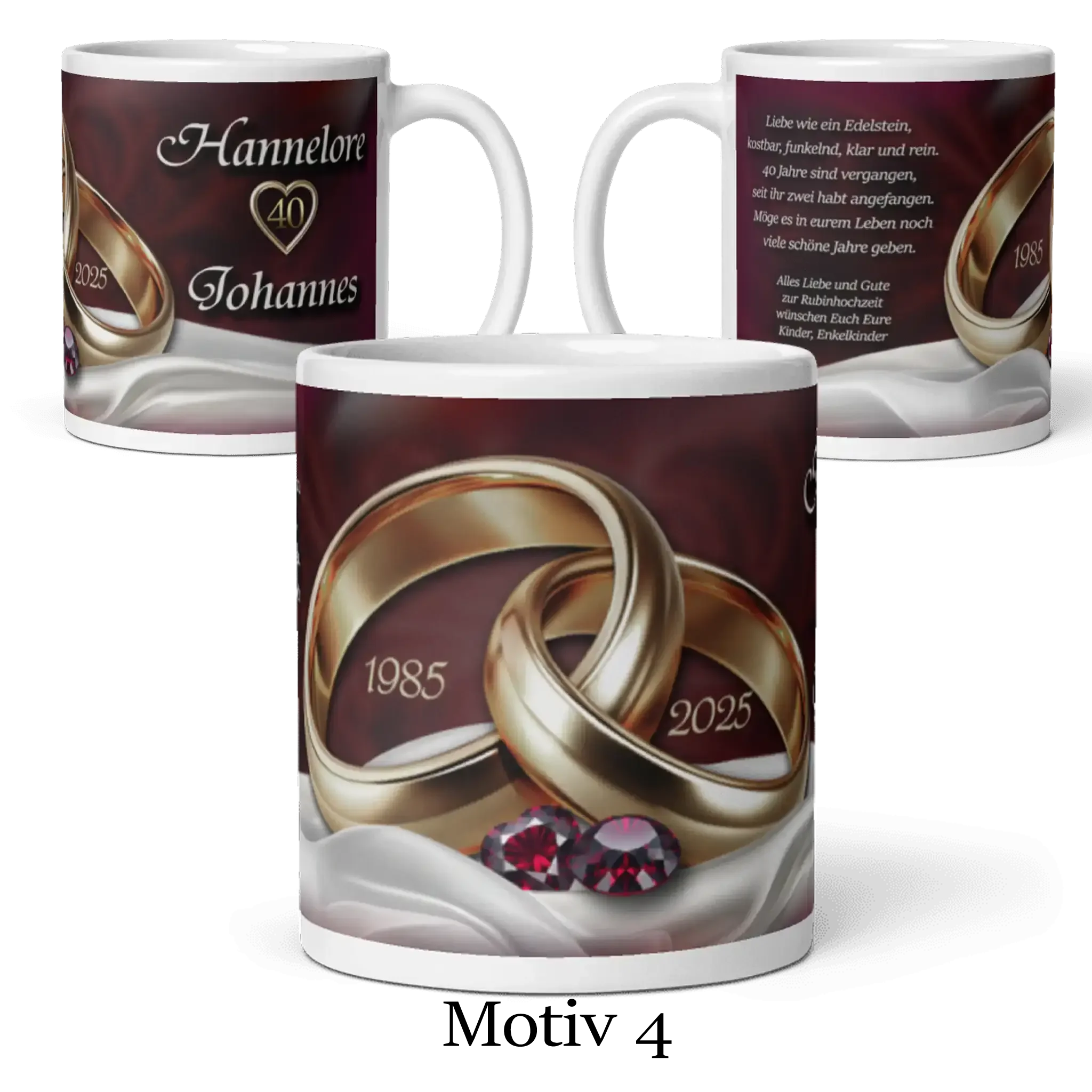 Personalisierte Rubinhochzeit-Tasse mit goldenen Ringen, Jahren 1985-2025 und Rubinen.