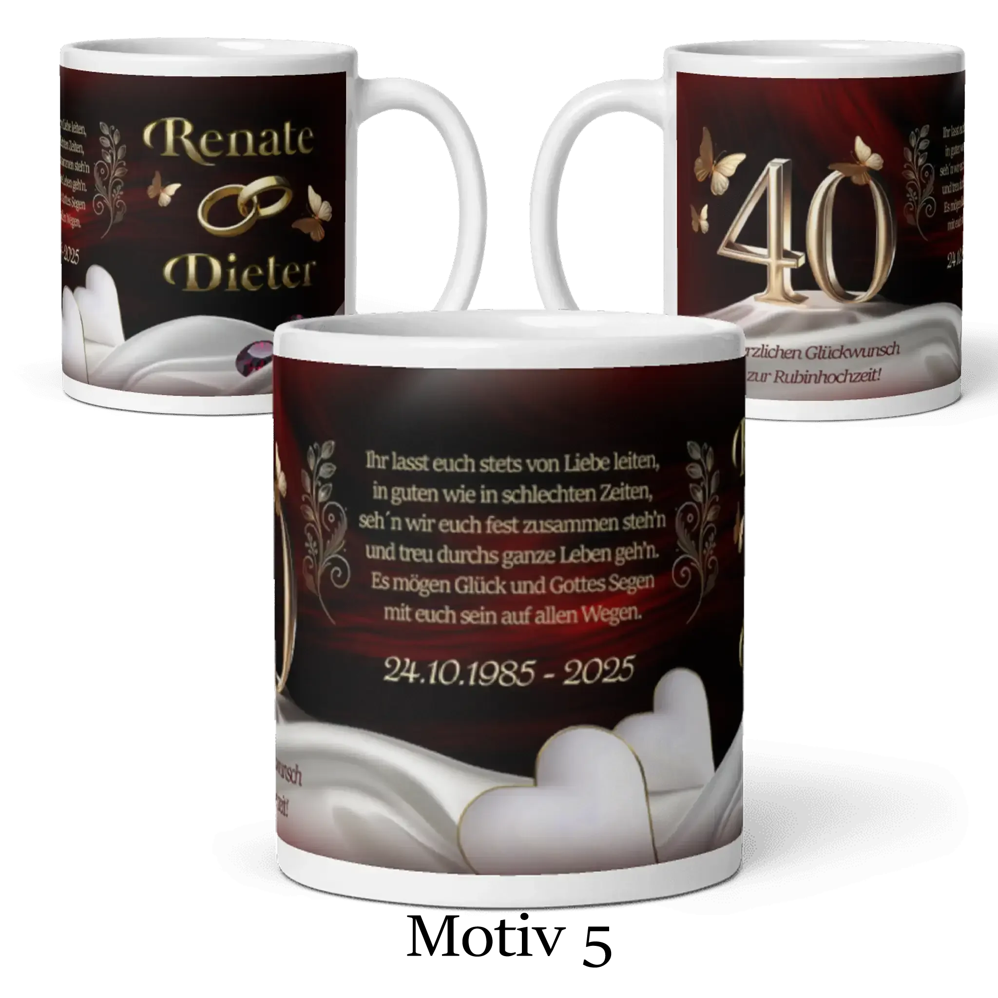 Tasse zur Rubinhochzeit mit goldenen Ringen, Zahl 40, Herzen und Jubiläumsspruch, personalisiert