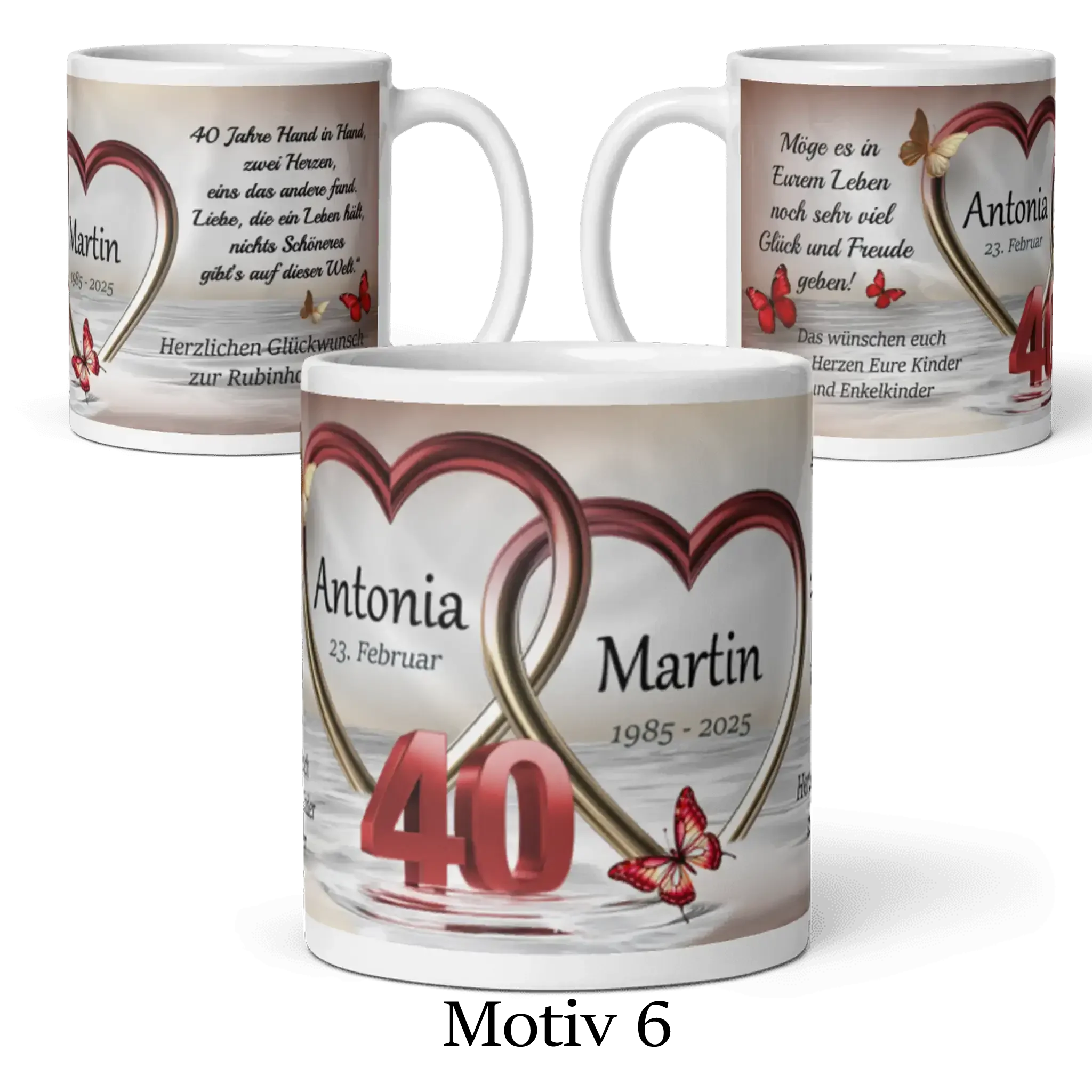 Motivtasse zur Rubinhochzeit mit verschlungenen Herzen, Schmetterlingen und Zahl 40