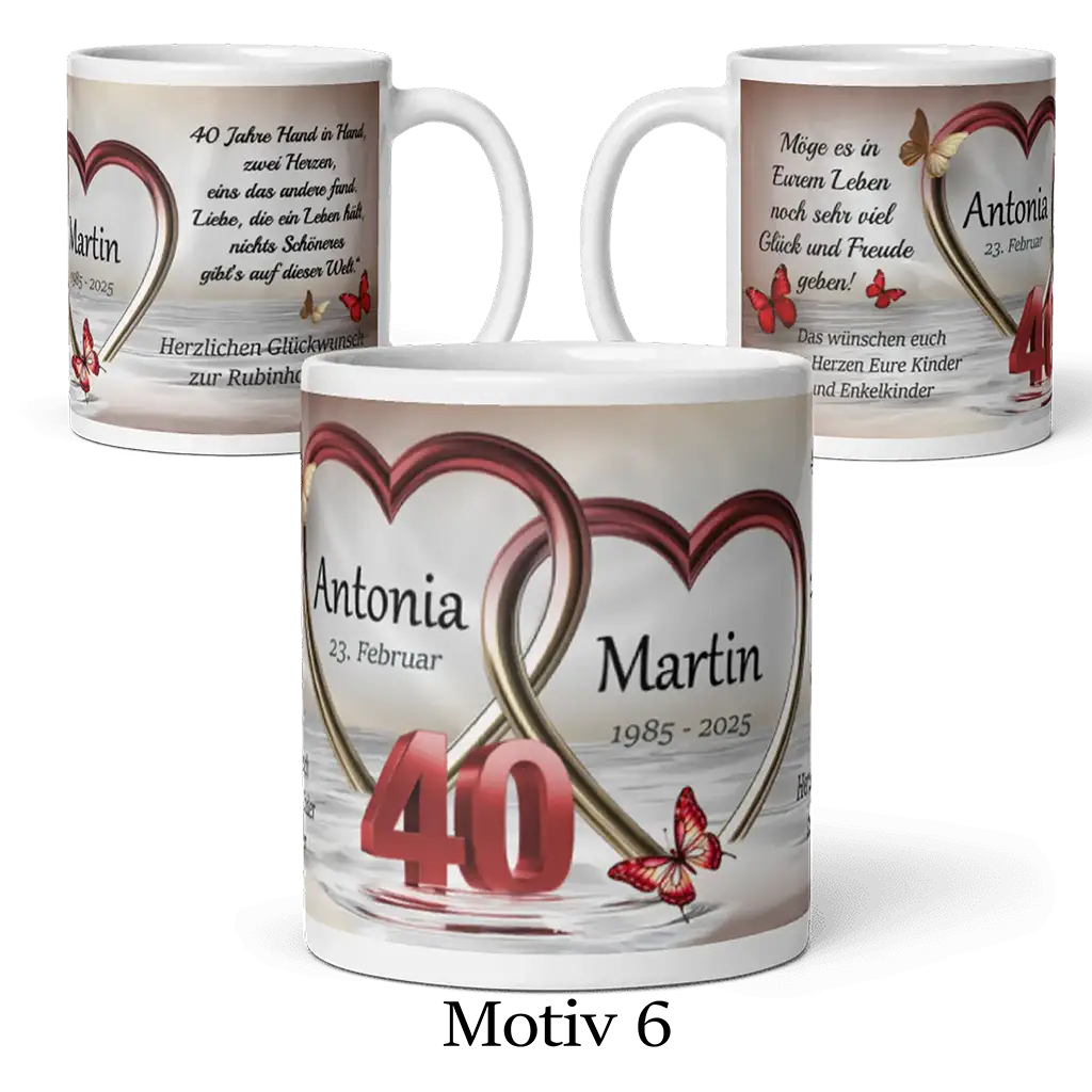 Motivtasse zur Rubinhochzeit mit verschlungenen Herzen, Schmetterlingen und Zahl 40