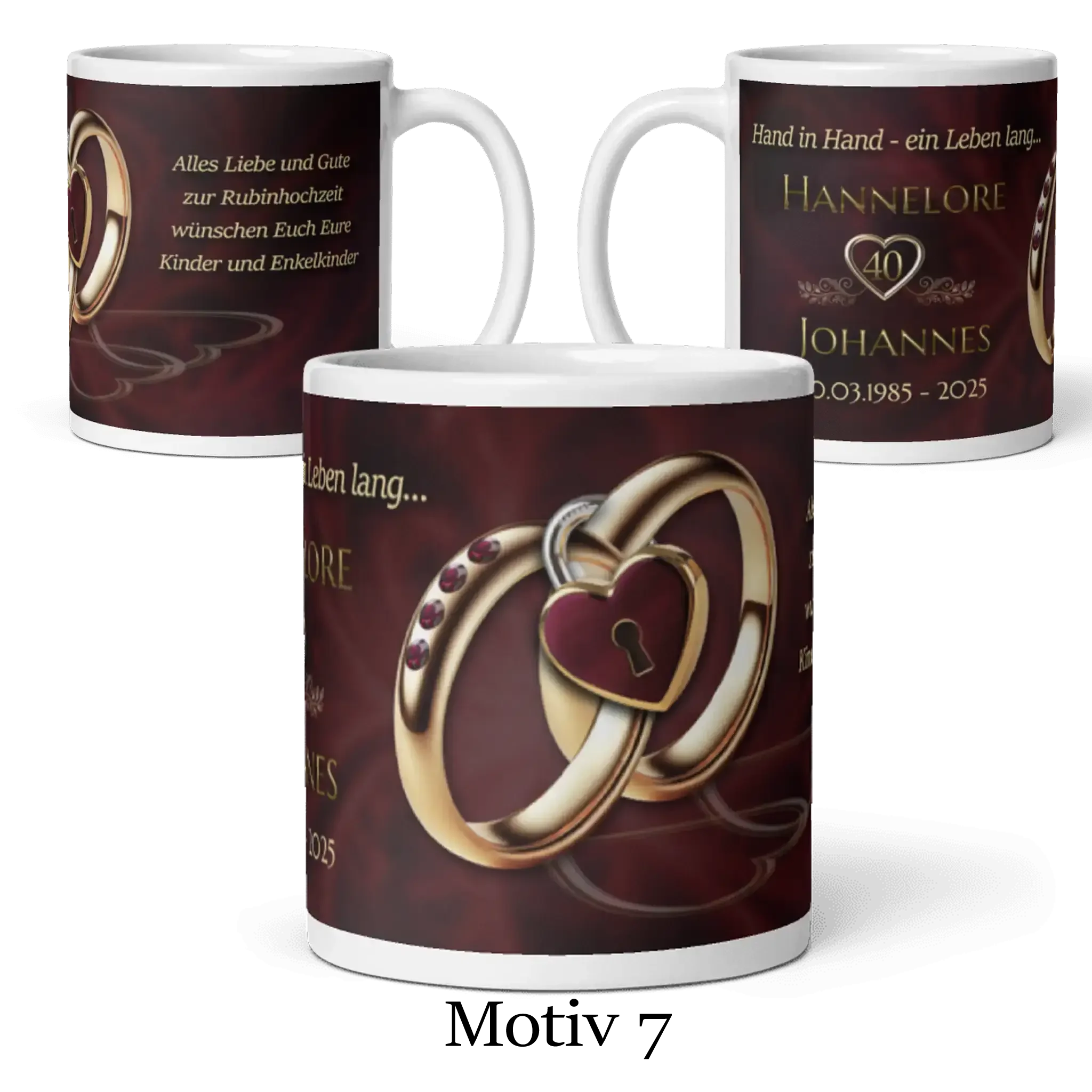 Motivtasse zur Rubinhochzeit mit goldenen Ringen, Herz-Schloss und personalisiertem Text.