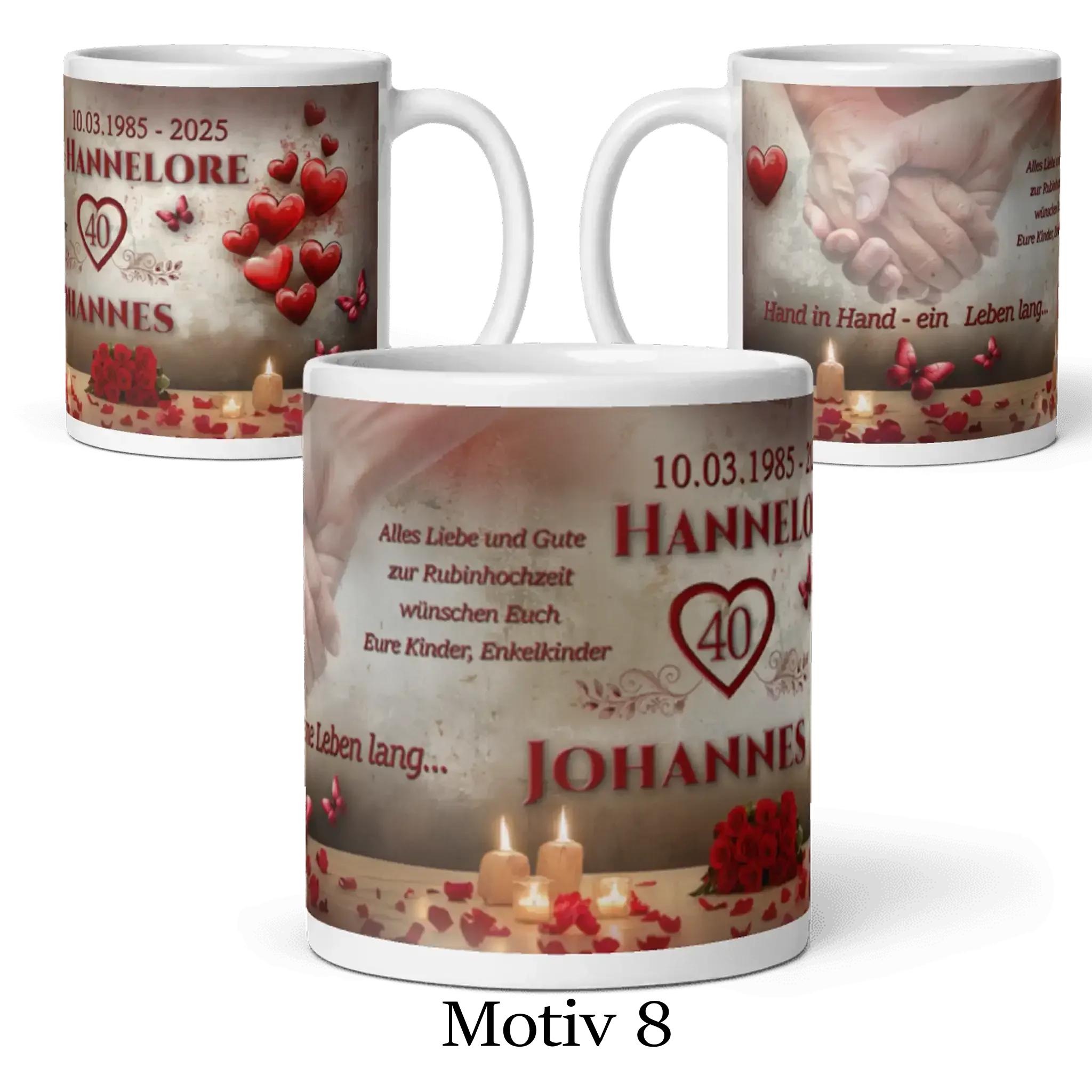 Tasse zur Rubinhochzeit mit Kerzen, Rosen, roten Herzen und persönlichem Aufdruck, Motiv 8