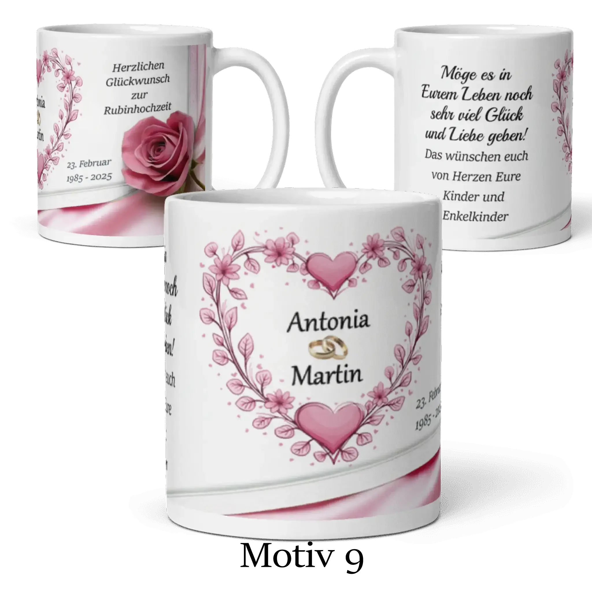 Personalisierte Rubinhochzeit Tassen mit rosa Herz, Blumen und Widmung, Namen Antonia Martin