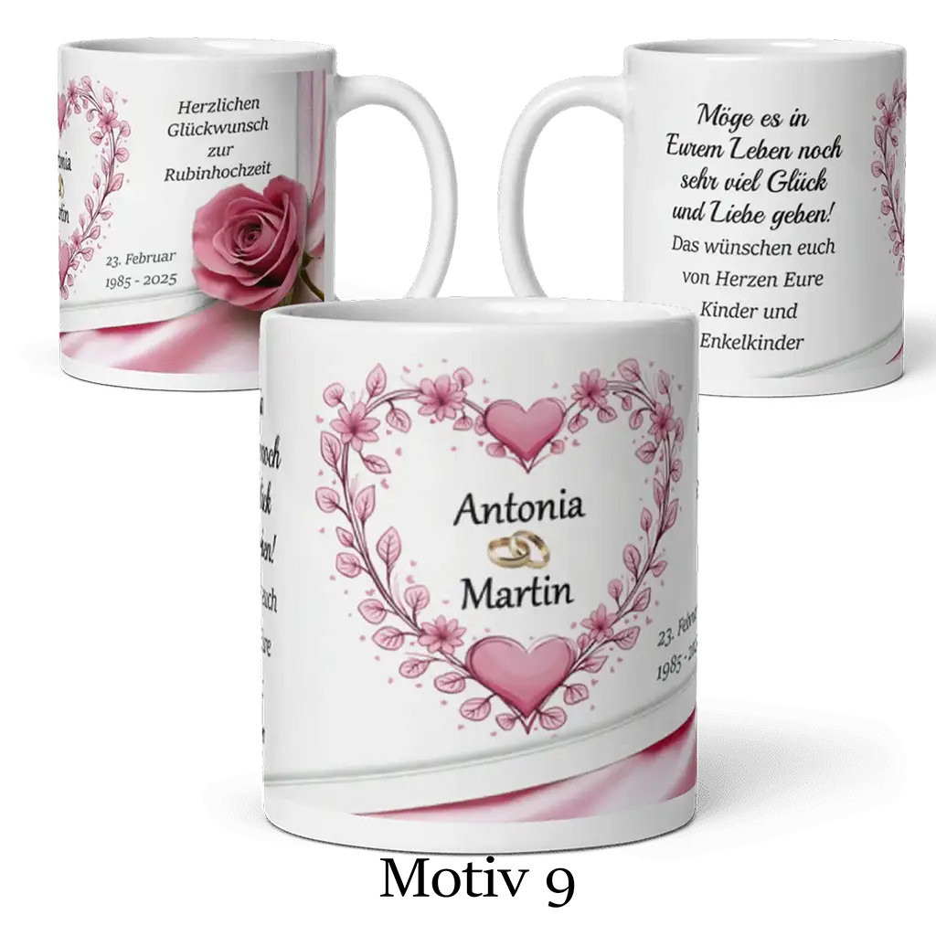 Personalisierte Rubinhochzeit Tassen mit rosa Herz, Blumen und Widmung, Namen Antonia Martin