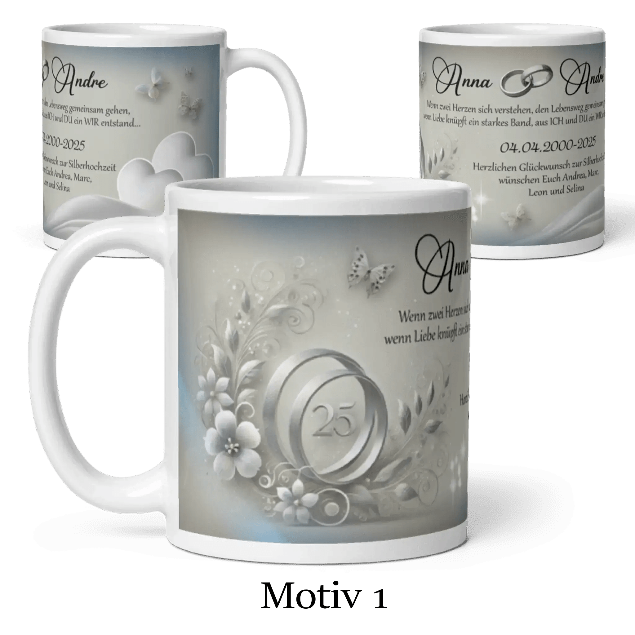 Drei Tassen mit Silberhochzeit Motiv, silberne Ringe, Blumen, Schmetterlinge und Schriftzug