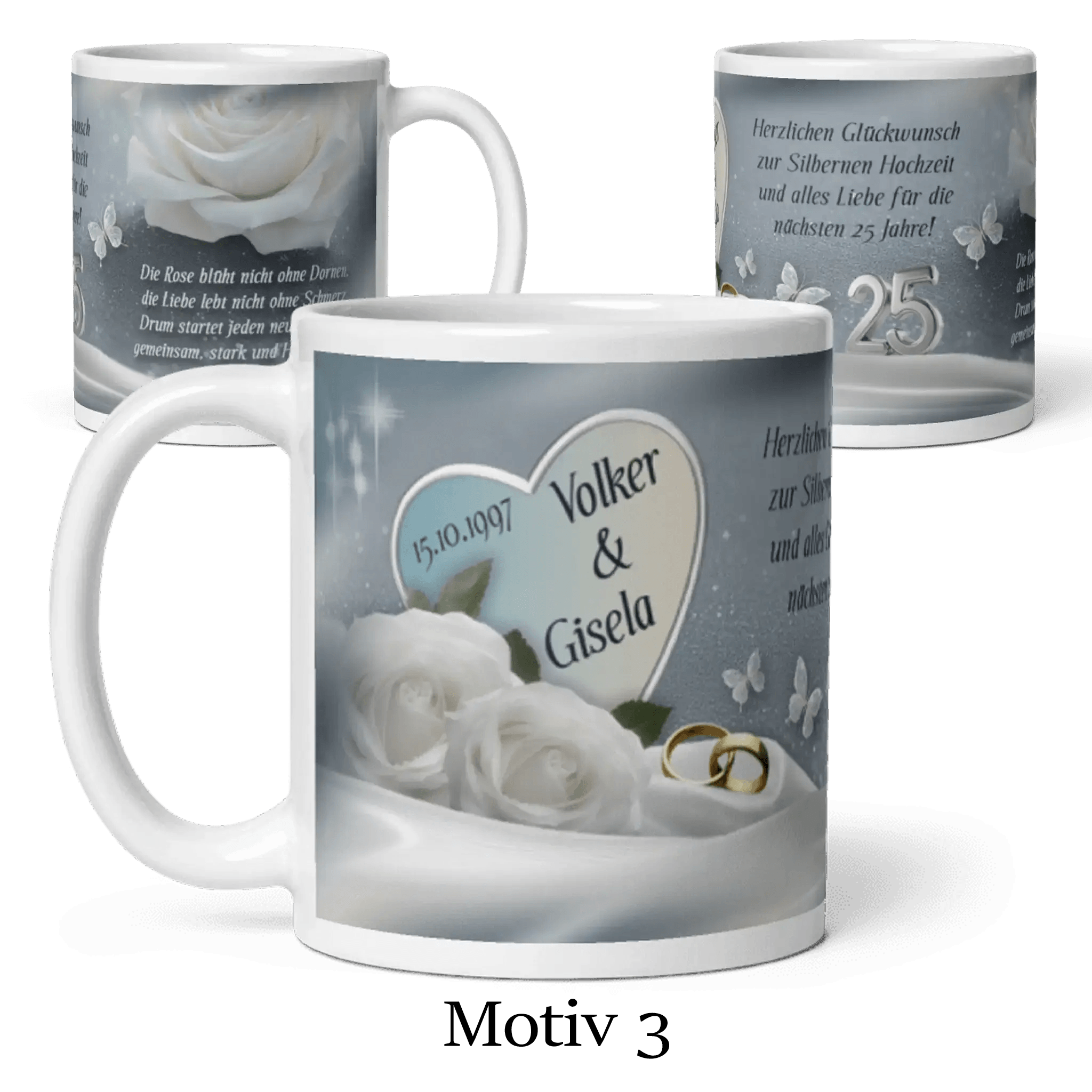 Tassen zur Silberhochzeit mit weißen Rosen, goldenen Ringen, Herzmotiv und Text, Motiv 3