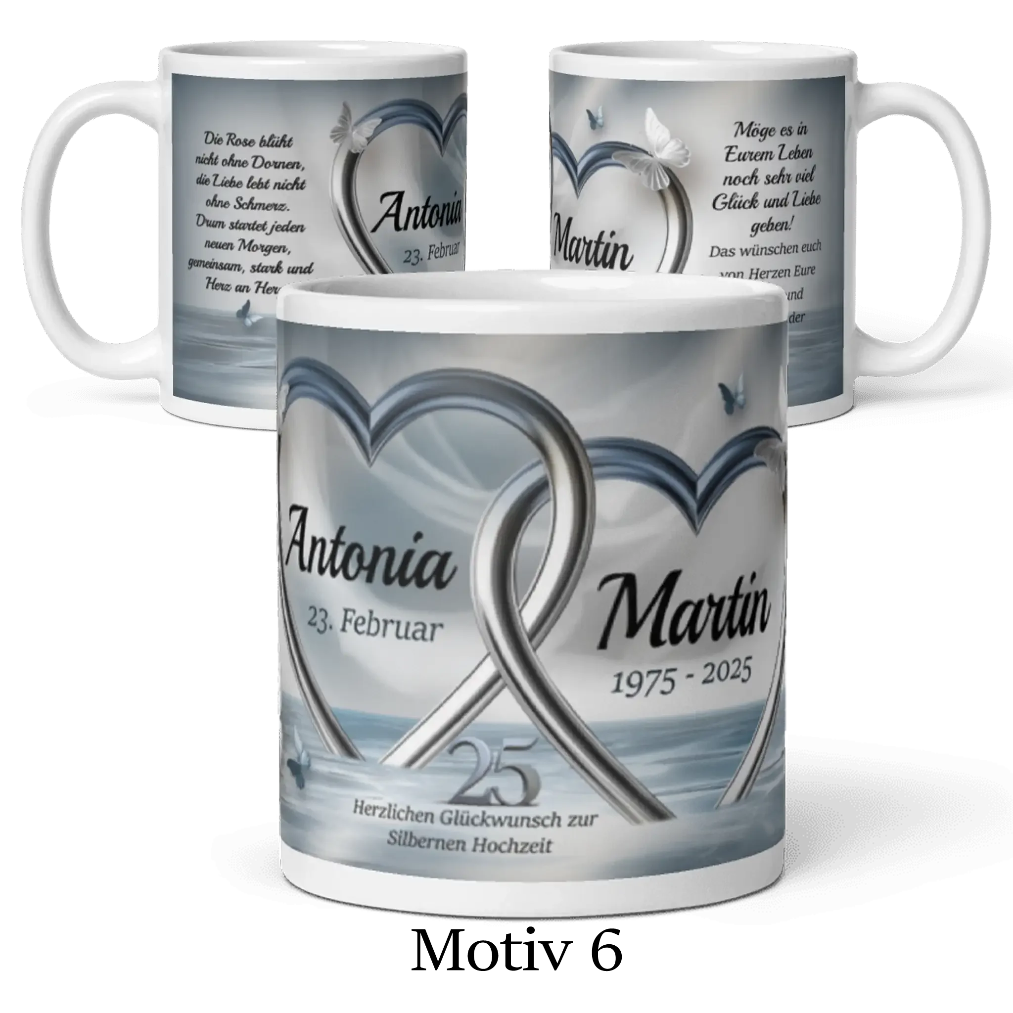 Personalisierte Tassen Silberhochzeit mit Herzmotiv, Namen und Jubiläumsdatum, Geschenkidee