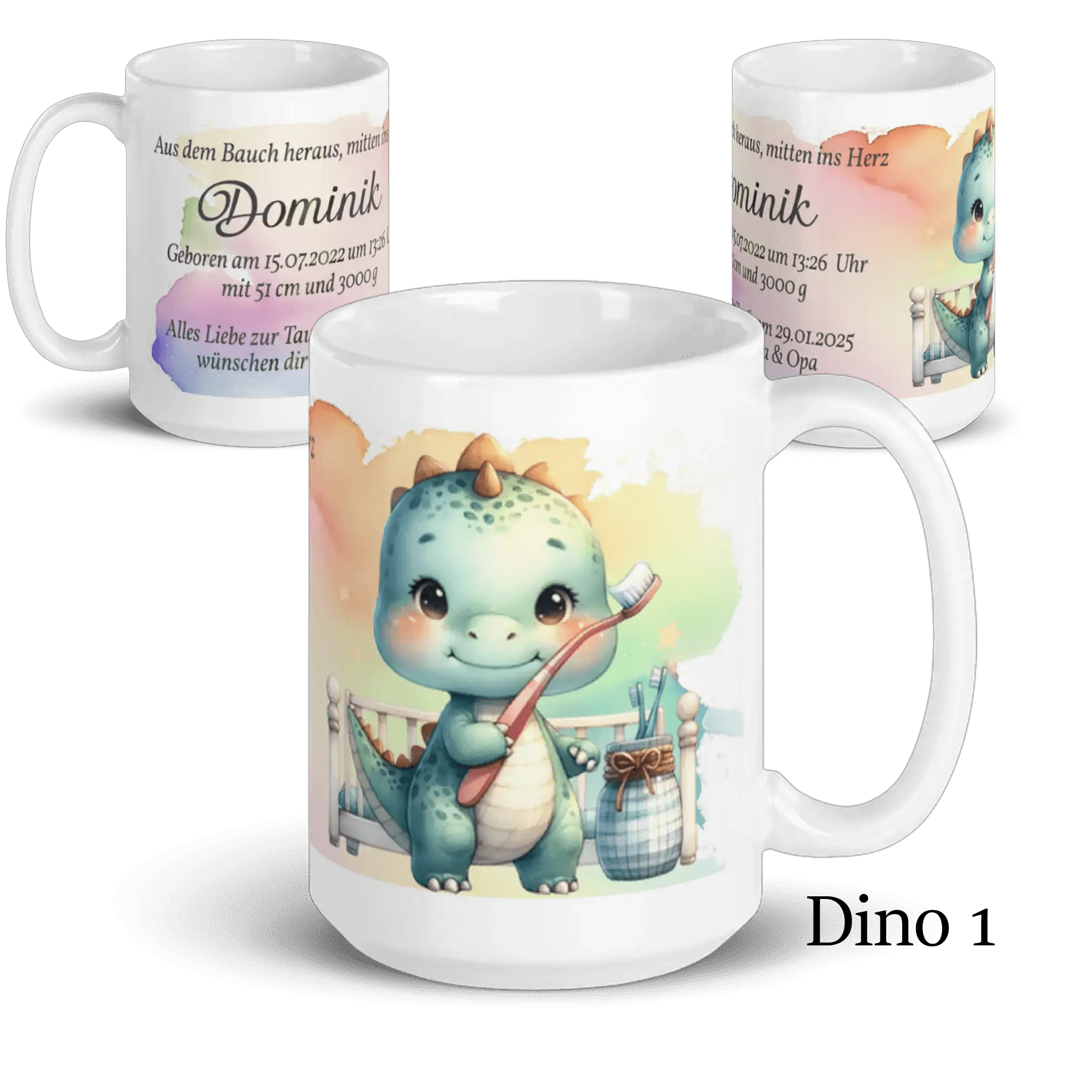 Personalisierte Tasse mit niedlichem Dino, Zahnbürste und pastellfarbenem Hintergrund