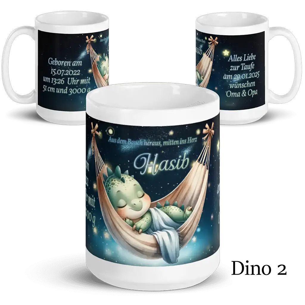 Personalisierte Baby-Tasse mit schlafendem Dino in Hängematte, Nachthimmel, Taufe Geschenk