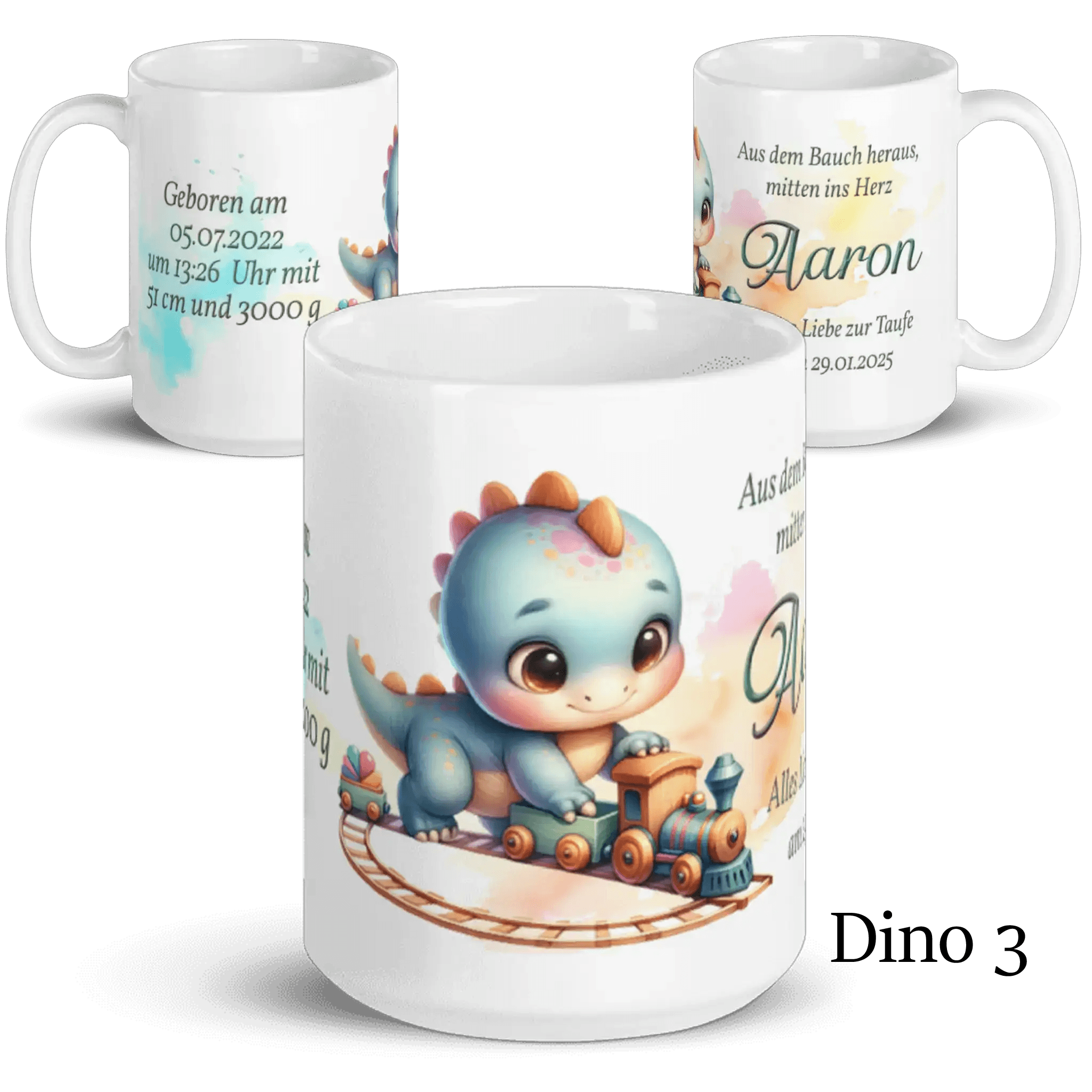 Tasse mit niedlichem Dino-Motiv und bunter Eisenbahn, Geschenk zur Geburt oder Taufe