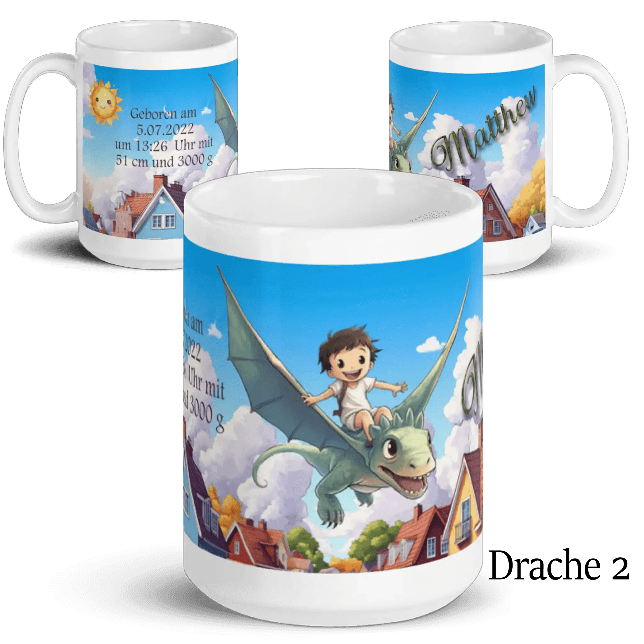 Kinder-Tasse mit Drache und Junge, bunter Häuserhintergrund, personalisierbar, Geschenk