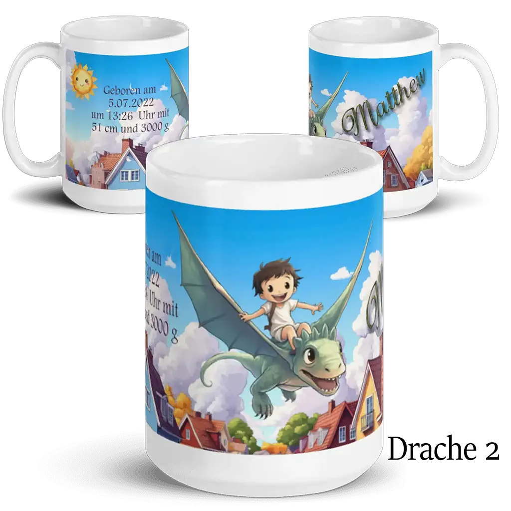 Kinder-Tasse mit Drache und Junge, bunter Häuserhintergrund, personalisierbar, Geschenk