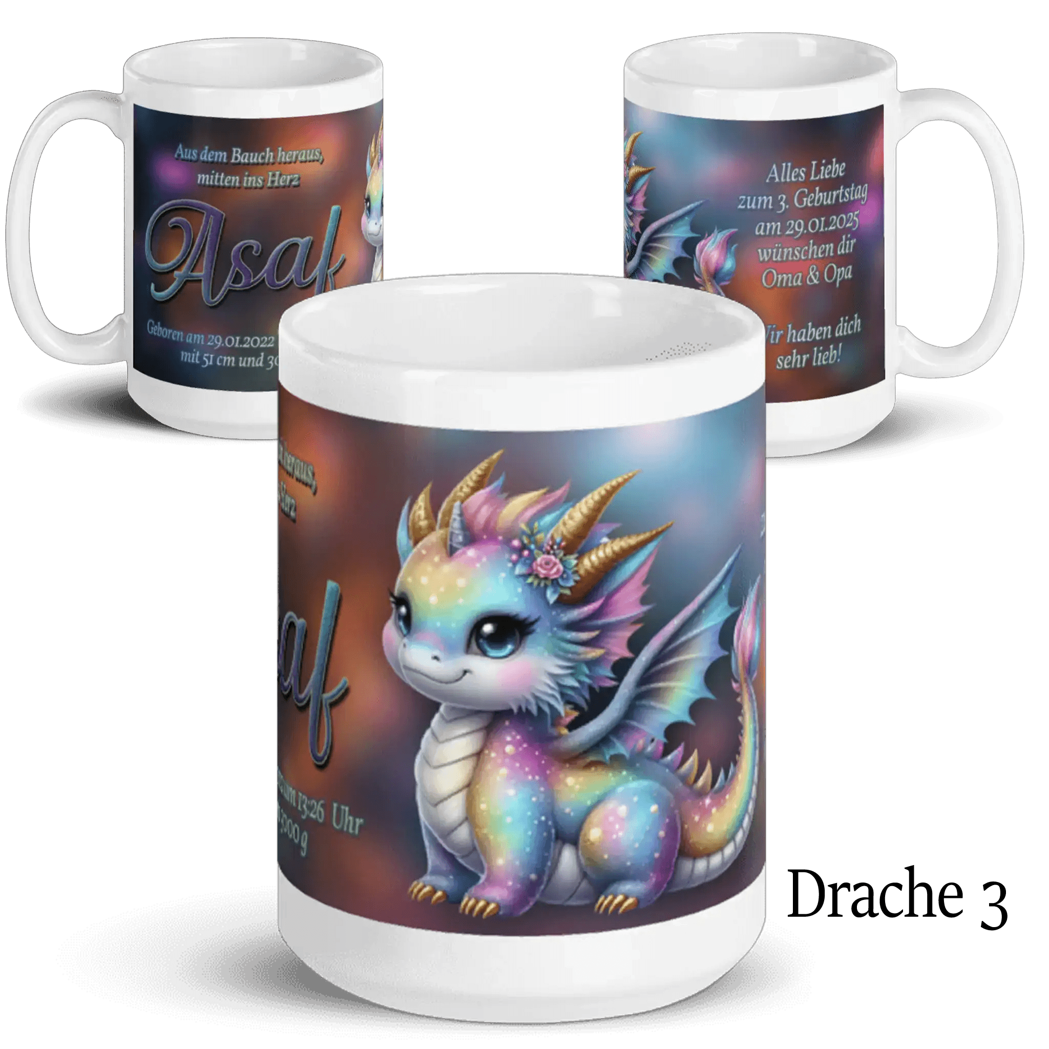 Bunte Tasse mit niedlichem, regenbogenfarbenem Babydrachen und personalisiertem Text, Geschenkidee