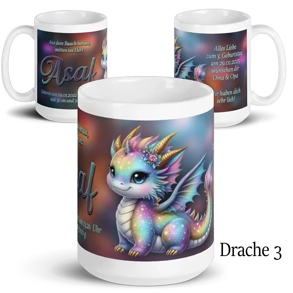 Bunte Tasse mit niedlichem, regenbogenfarbenem Babydrachen und personalisiertem Text, Geschenkidee
