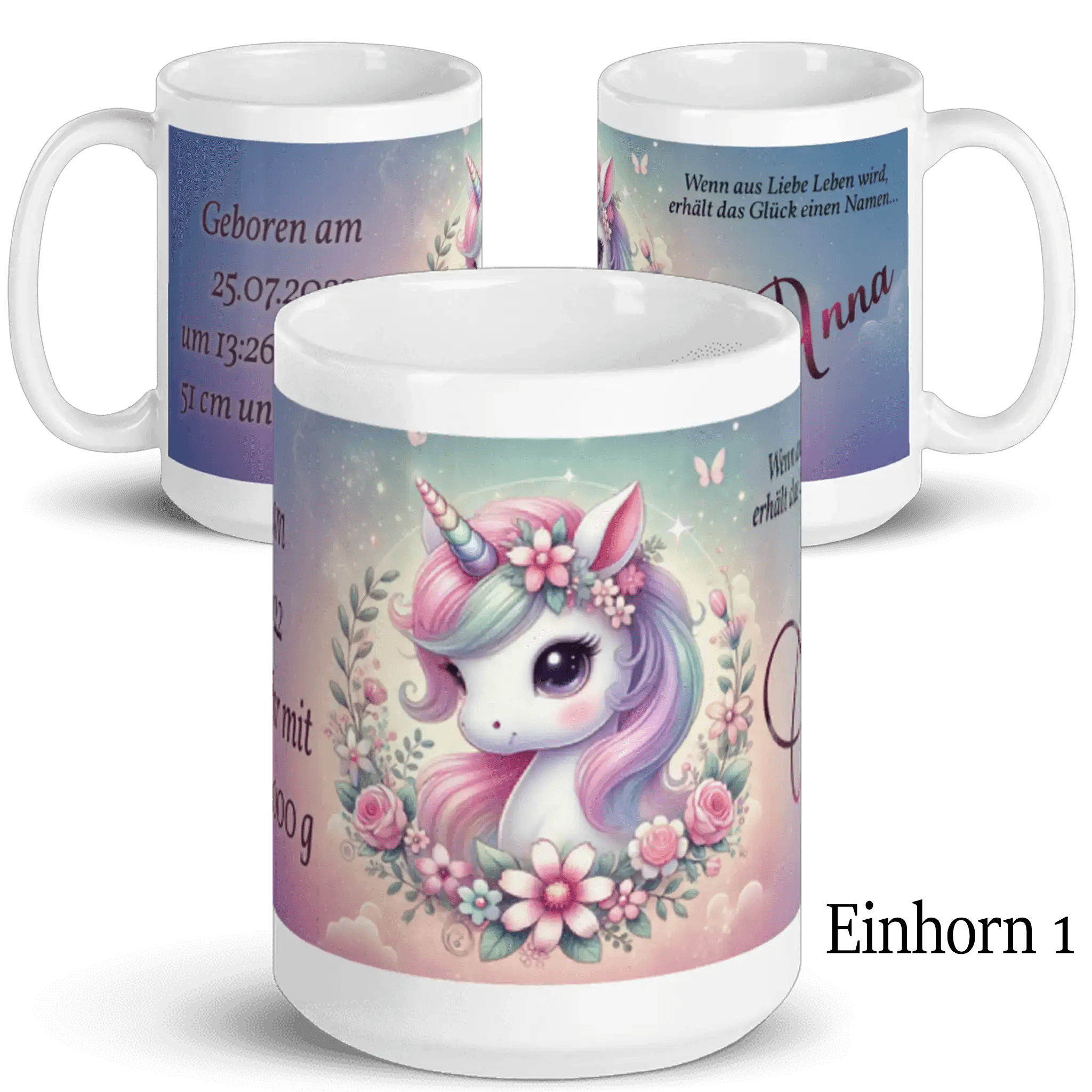 Personalisierte Tasse mit Einhorn-Motiv, Blumen, Pastellfarben und Geburtsdaten-Text
