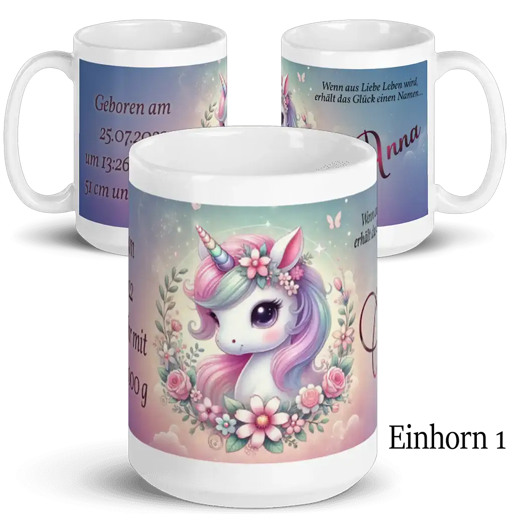 Personalisierte Tasse mit Einhorn-Motiv, Blumen, Pastellfarben und Geburtsdaten-Text