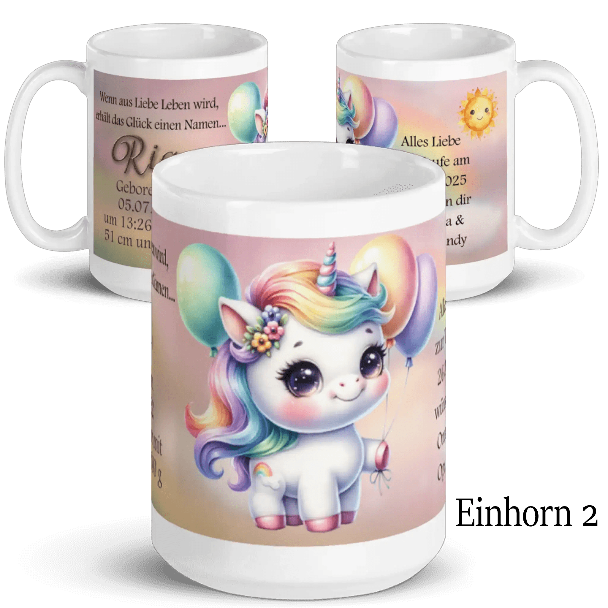 Kaffeetasse mit süßem Einhorn-Motiv, Regenbogenmähne, Ballons und personalisiertem Text