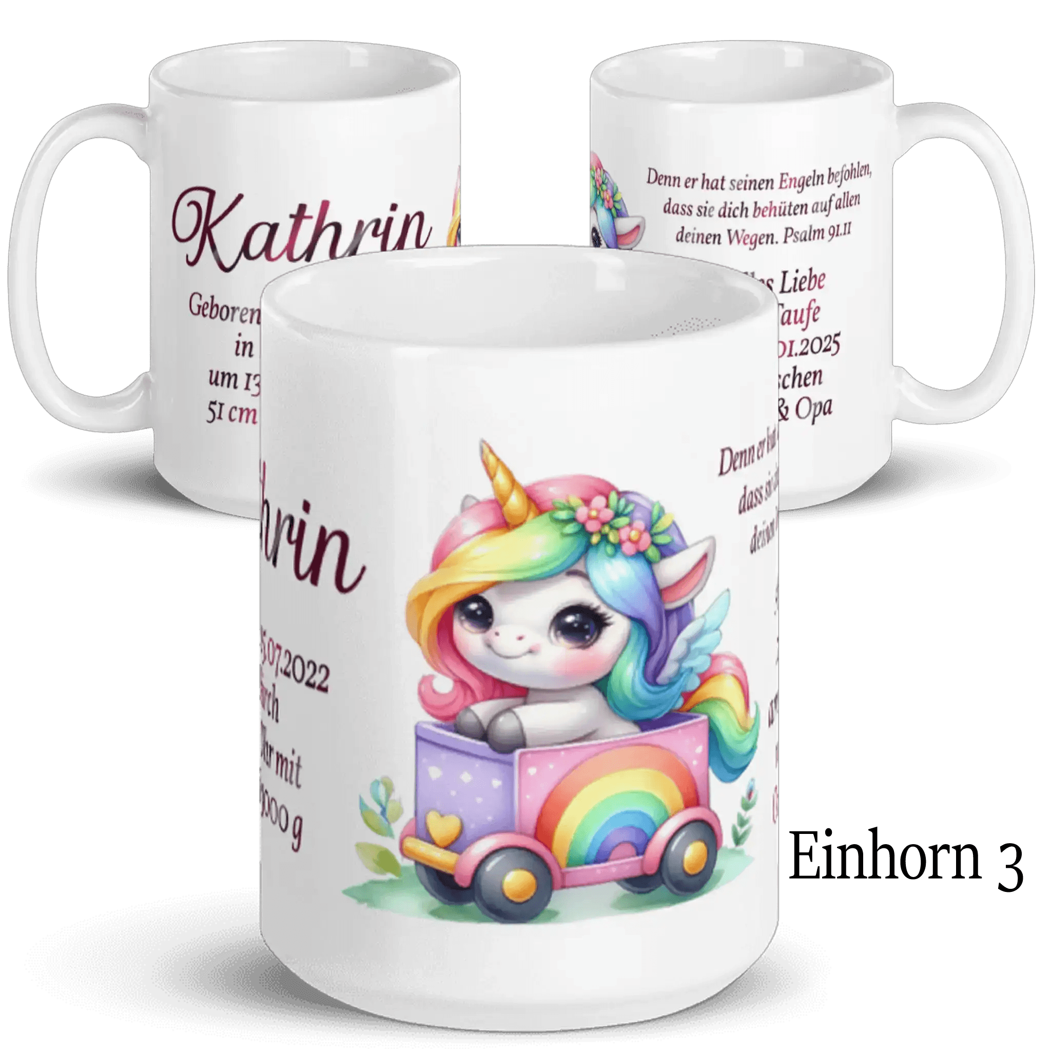 Personalisierte Tasse mit buntem Einhorn im Regenbogenwagen und Name Kathrin, Geschenkidee