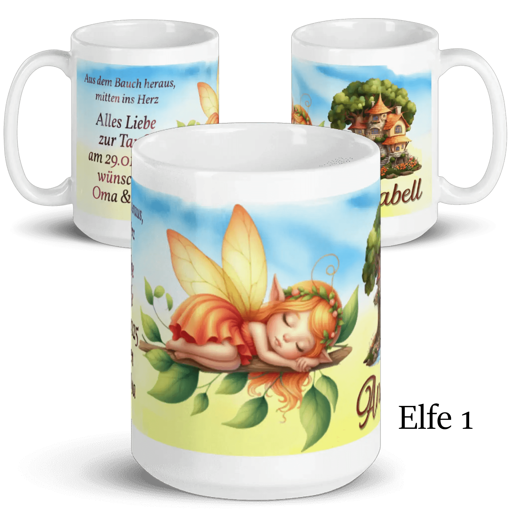 Kaffeetasse mit schlafender Elfe auf Blatt, Haus im Baum, personalisierter Name, Geschenkidee
