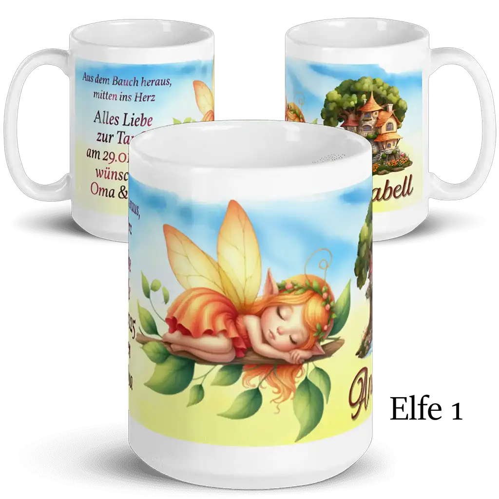 Kaffeetasse mit schlafender Elfe auf Blatt, Haus im Baum, personalisierter Name, Geschenkidee