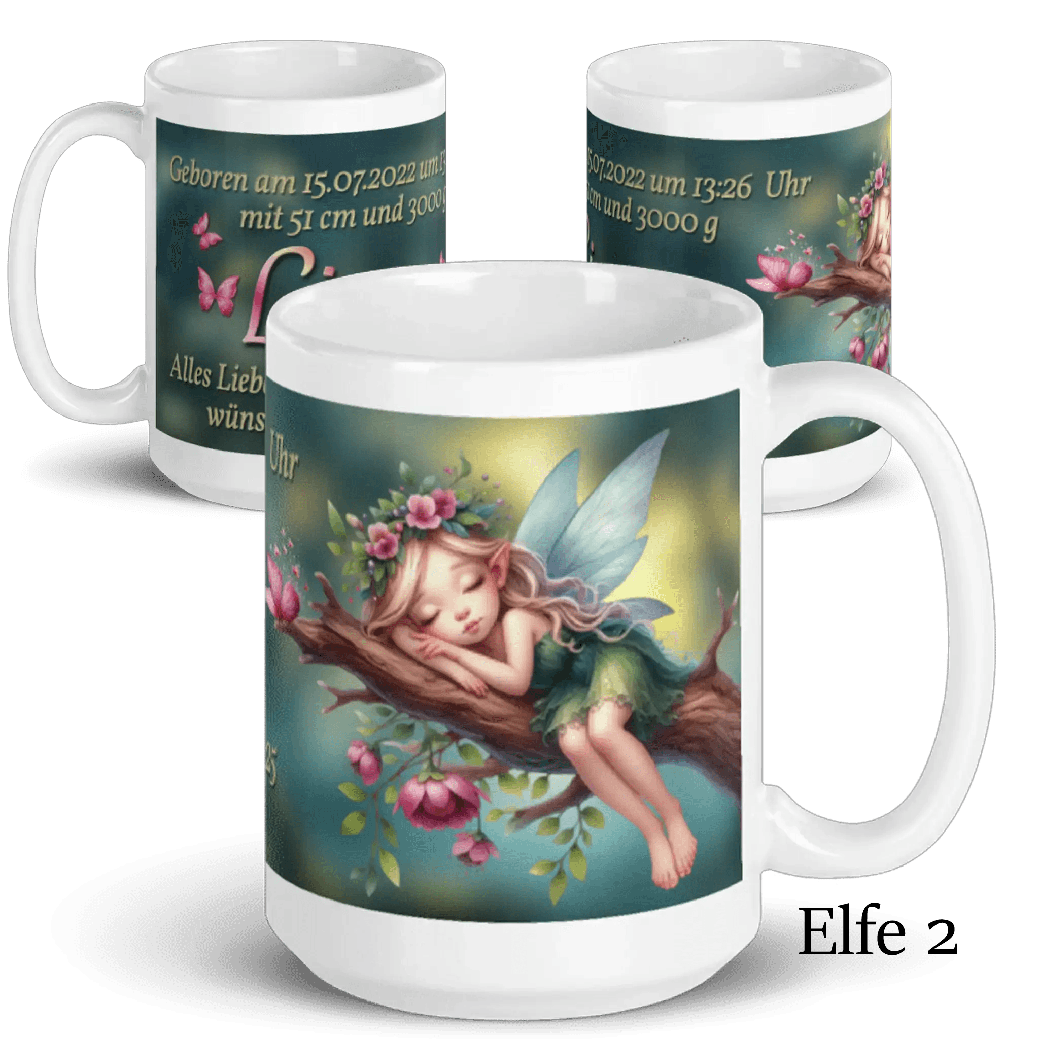 Personalisierte Tasse mit schlafender Elfe auf Ast, Blumen und Geburtsdaten-Text