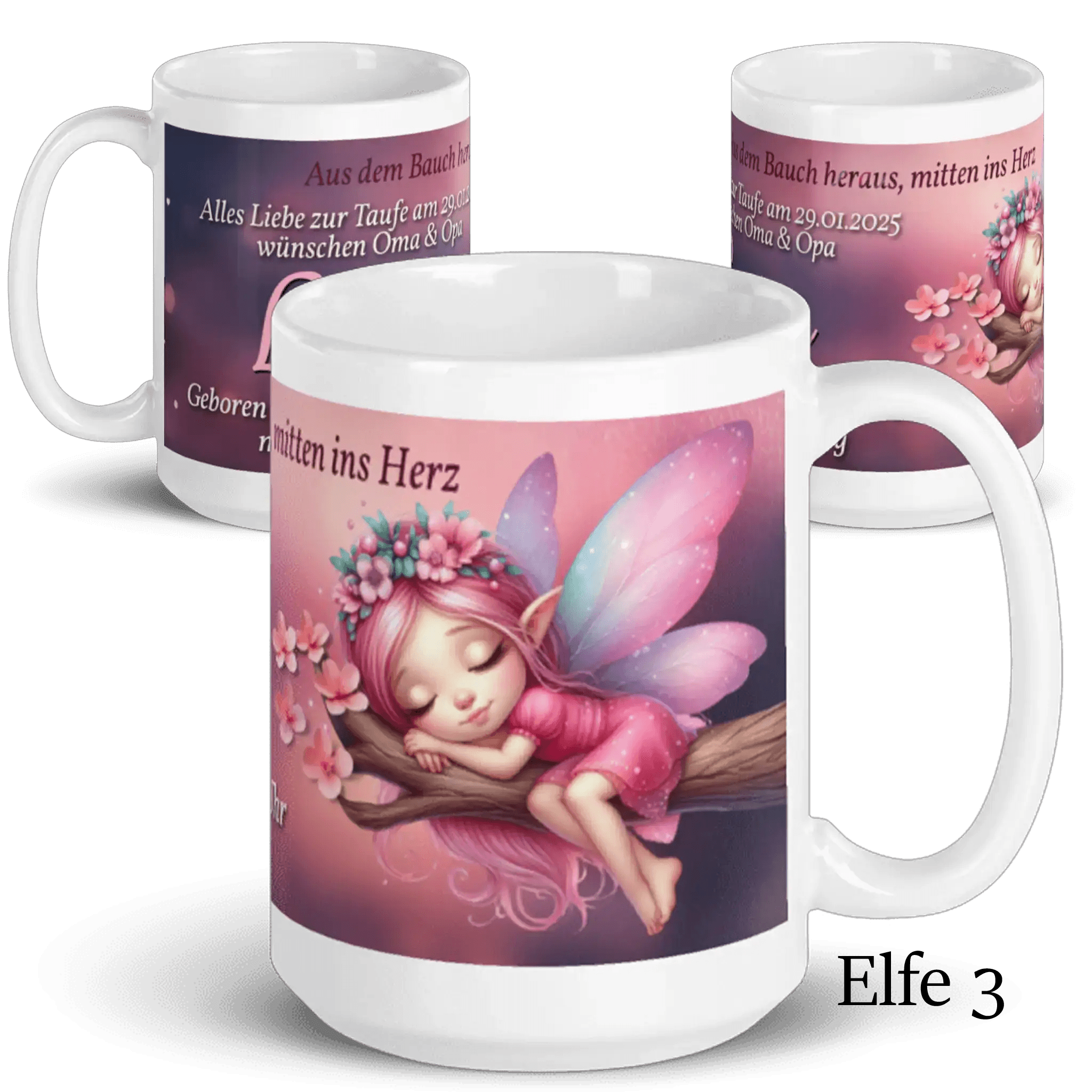Tasse mit schlafender Elfe auf Ast, rosa Flügel, Blumendekor, Taufe Geschenk