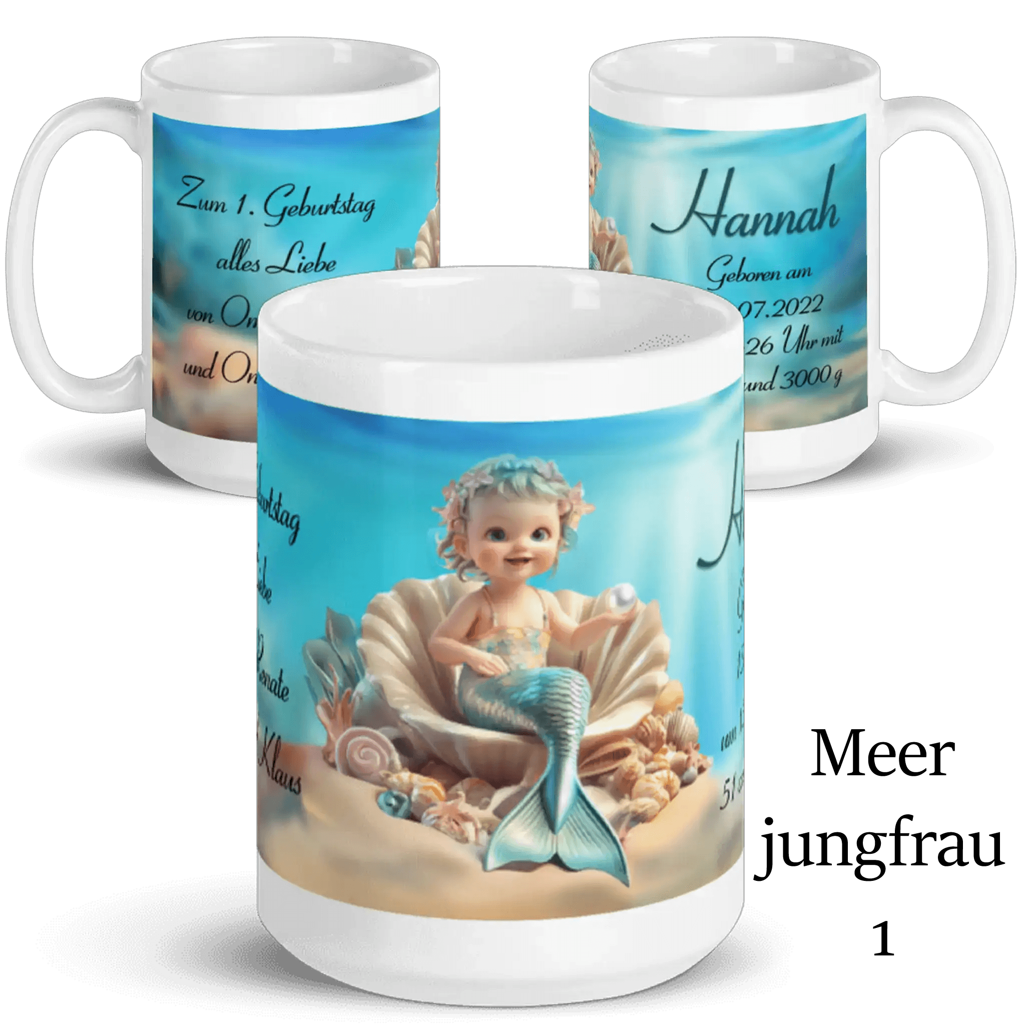 Tasse mit Meerjungfrau-Baby, Muscheln und persönlicher Gravur, Geschenk zur Geburt