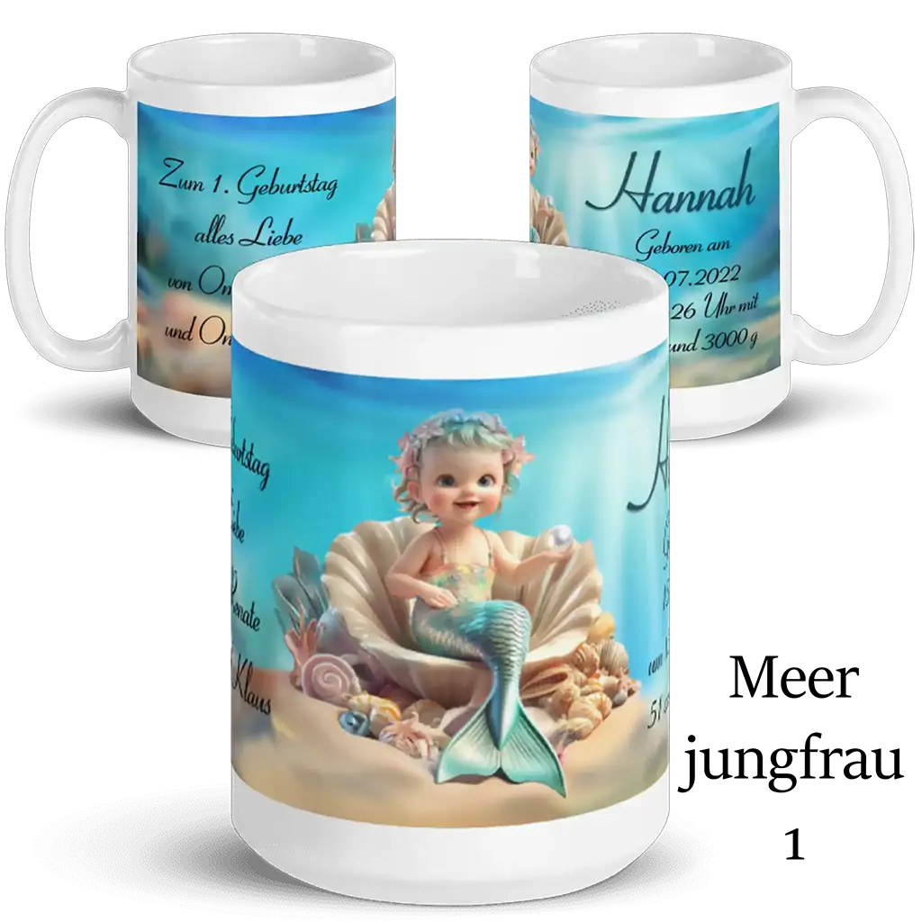 Tasse mit Meerjungfrau-Baby, Muscheln und persönlicher Gravur, Geschenk zur Geburt