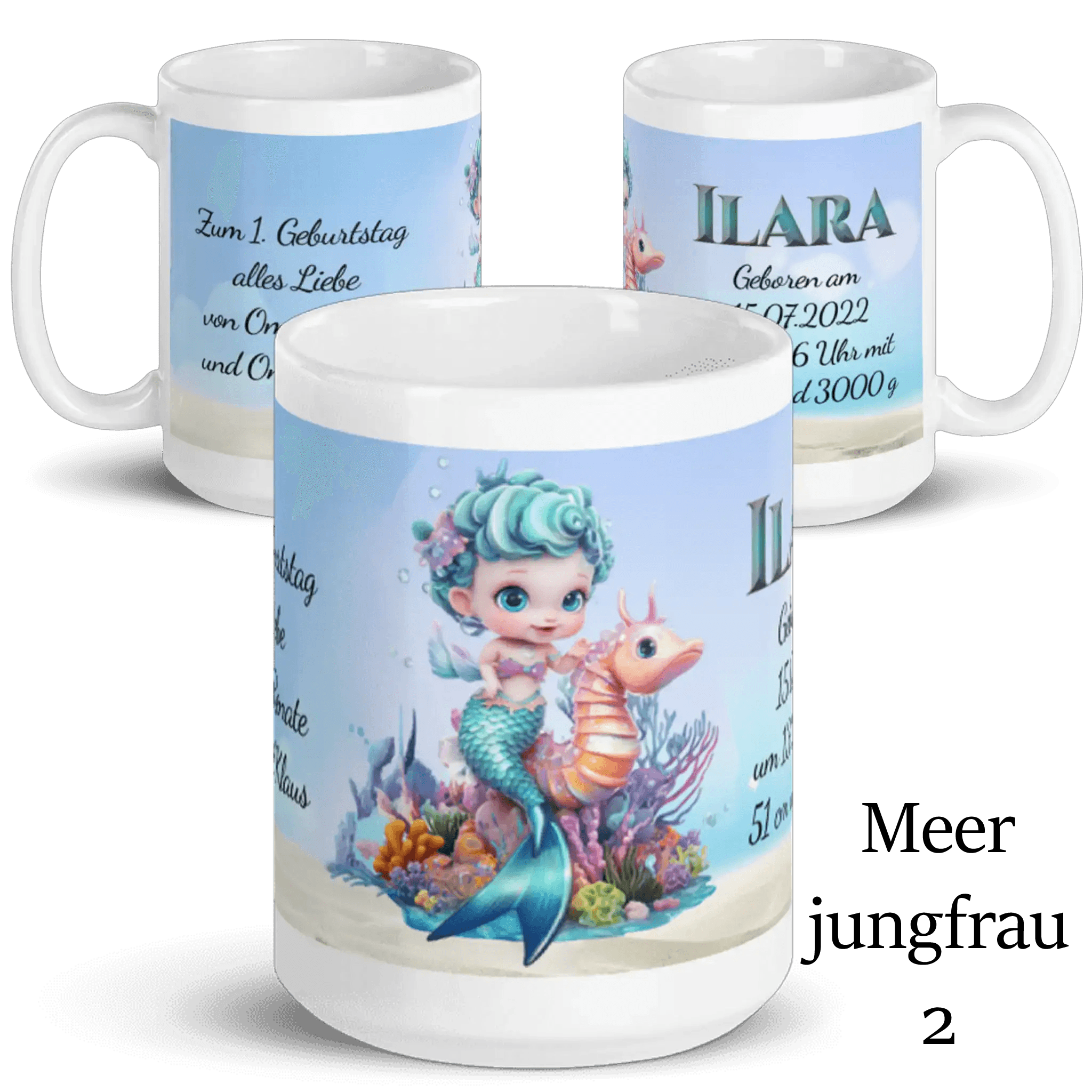 Personalisierte Meerjungfrau Tasse mit Baby-Nixe, Seepferdchen und Unterwasser-Motiv
