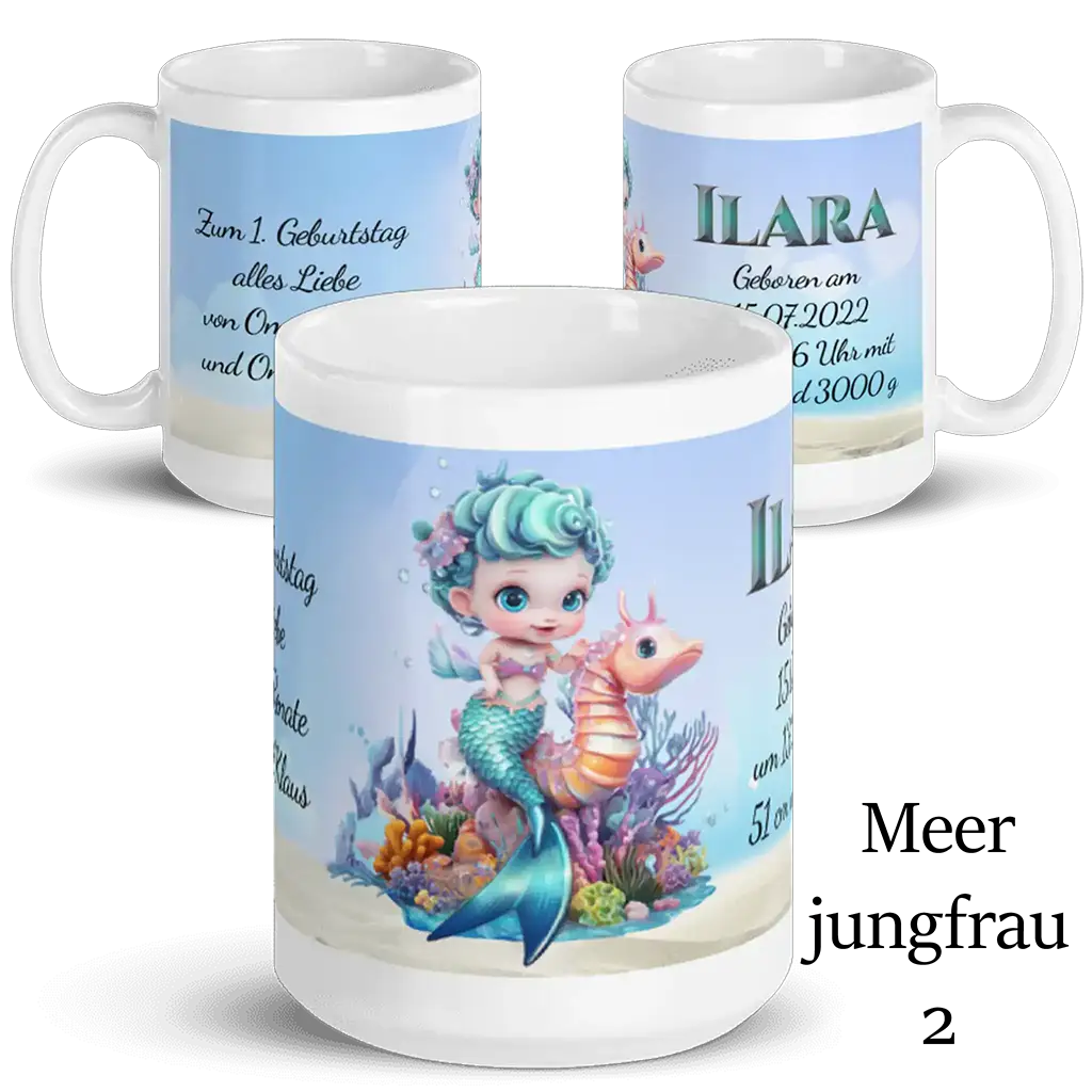 Personalisierte Meerjungfrau Tasse mit Baby-Nixe, Seepferdchen und Unterwasser-Motiv