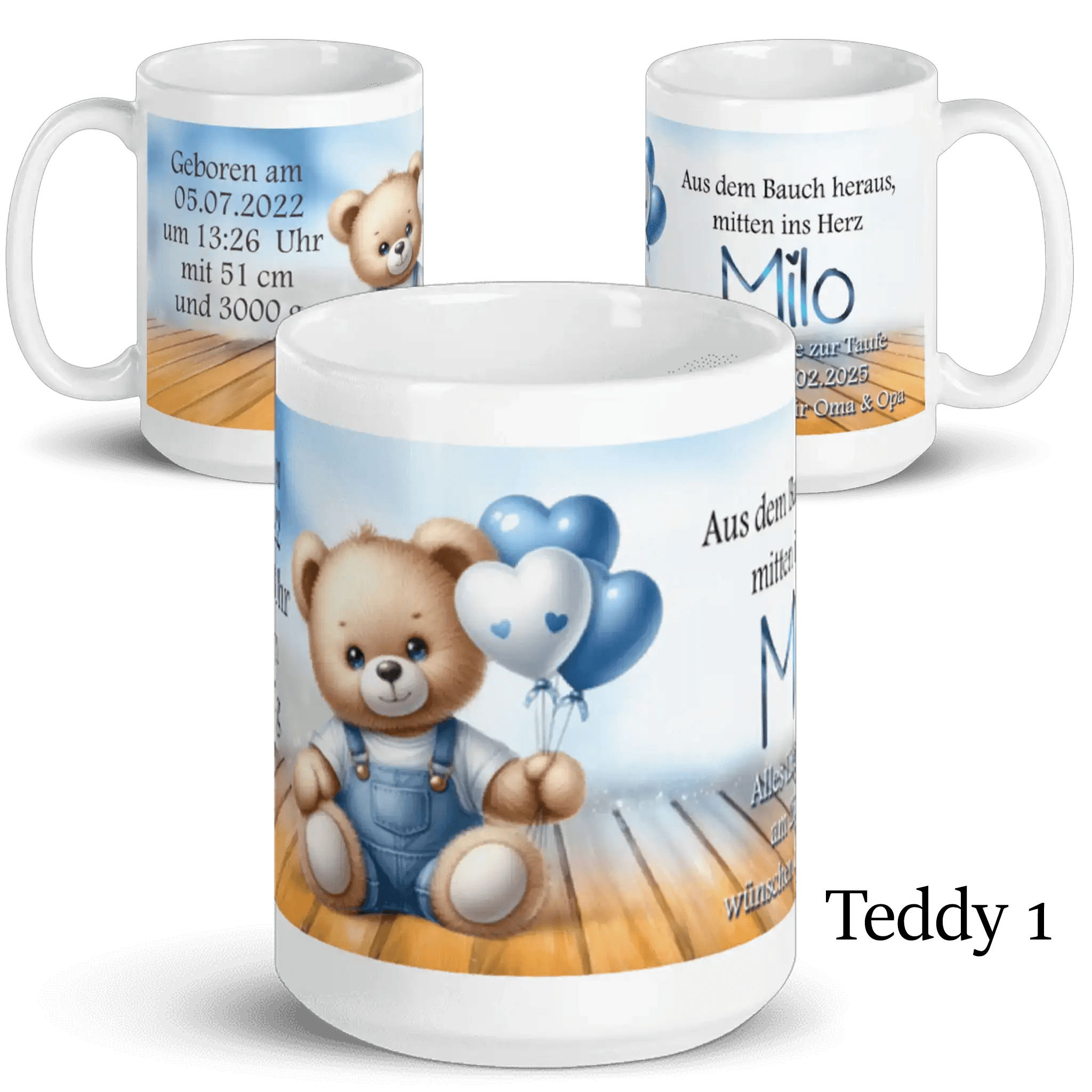 Personalisierte Tasse mit süßem Teddy, blauen Herzballons und Geburtsdaten für Kinder