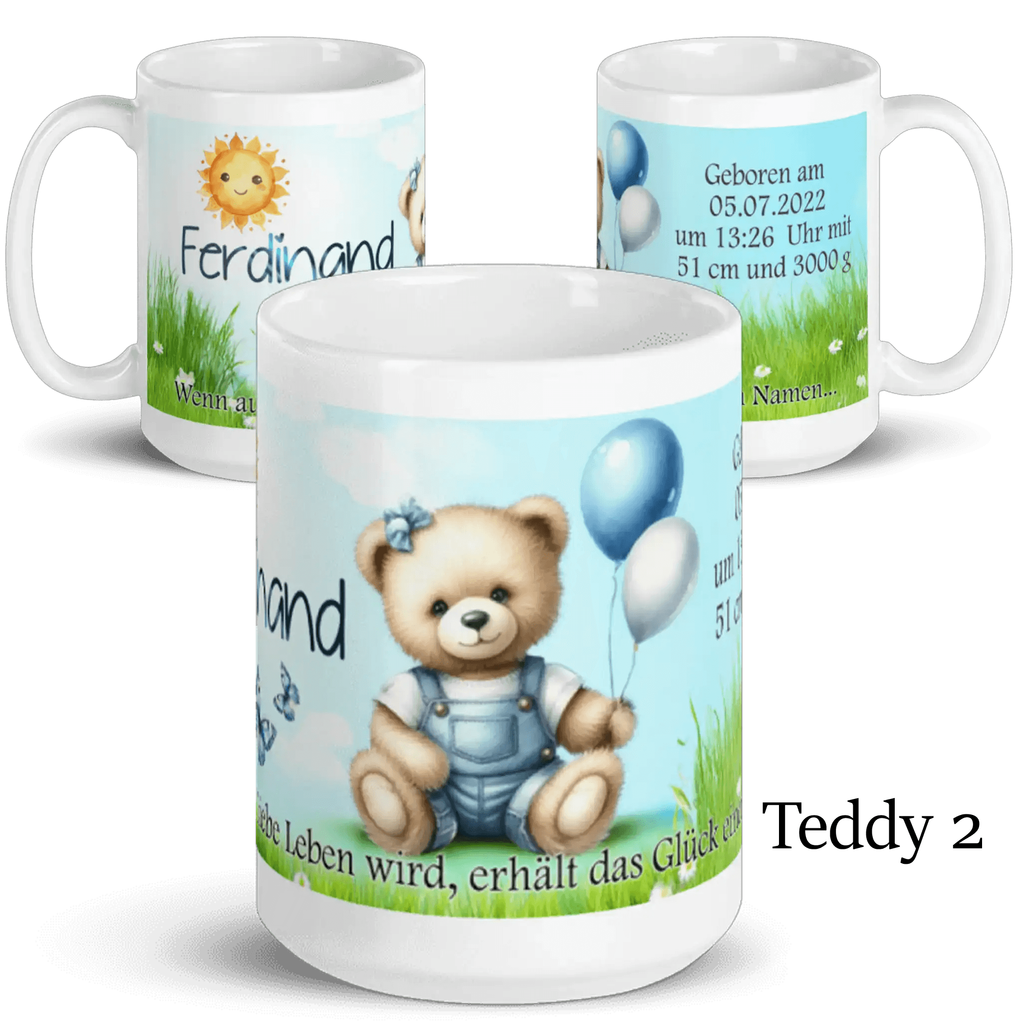 Personalisierte Tasse mit süßem Teddy, Ballons, Name Ferdinand und Geburtsdaten, Geschenk Geburt
