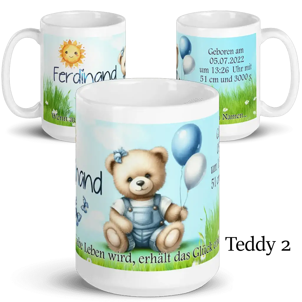 Personalisierte Tasse mit süßem Teddy, Ballons, Name Ferdinand und Geburtsdaten, Geschenk Geburt