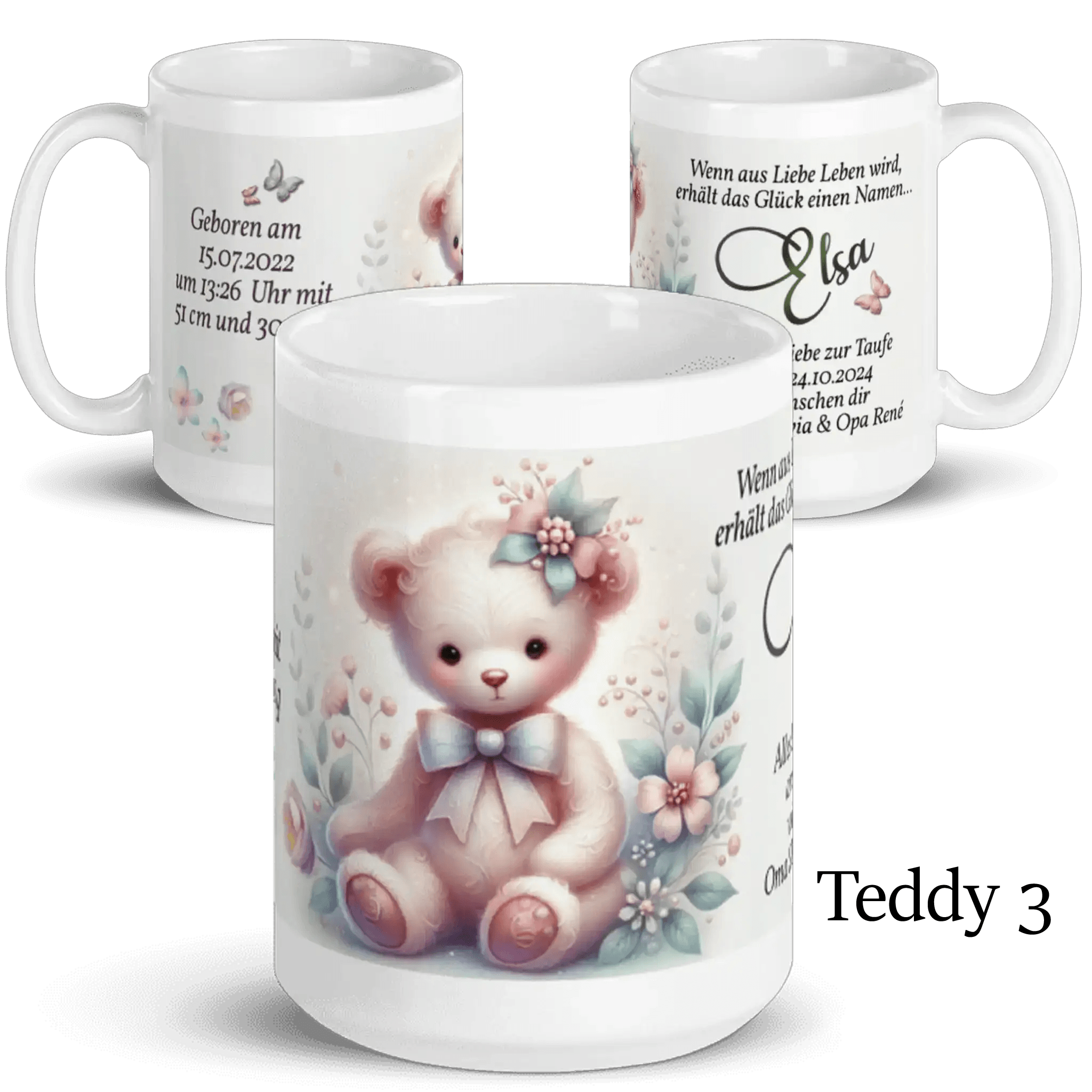 Personalisierte Tasse mit süßem Teddy, Blumen und Geburtsdaten, Geschenk zur Taufe.