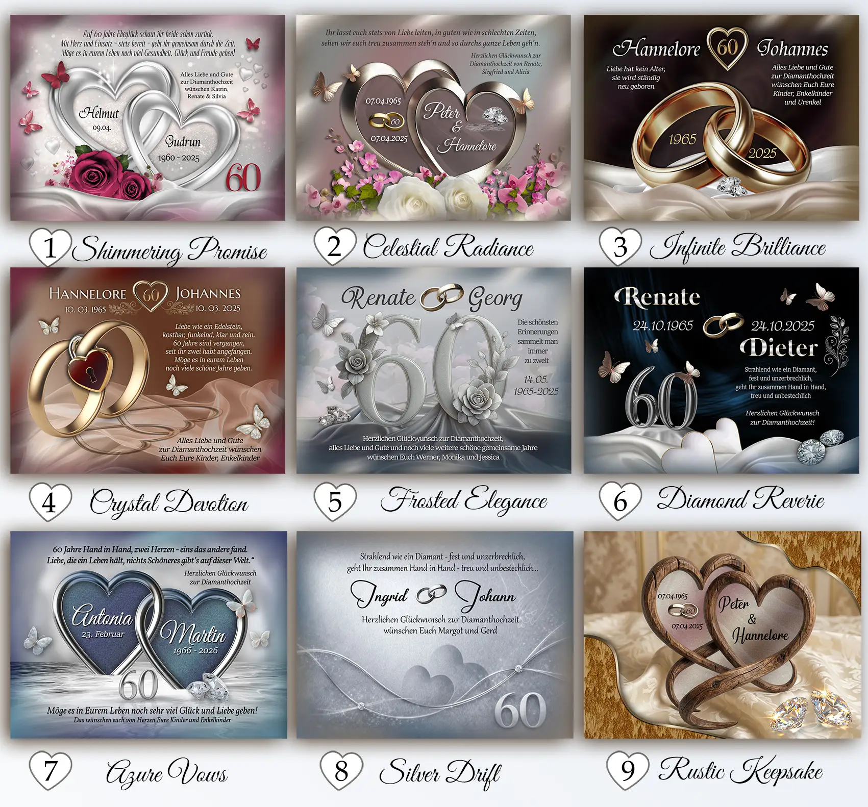 Übersicht personalisierter Designs für Diamanthochzeit, neun Motive mit Namen, Herzen, Ringen und eleganten Stilvarianten
